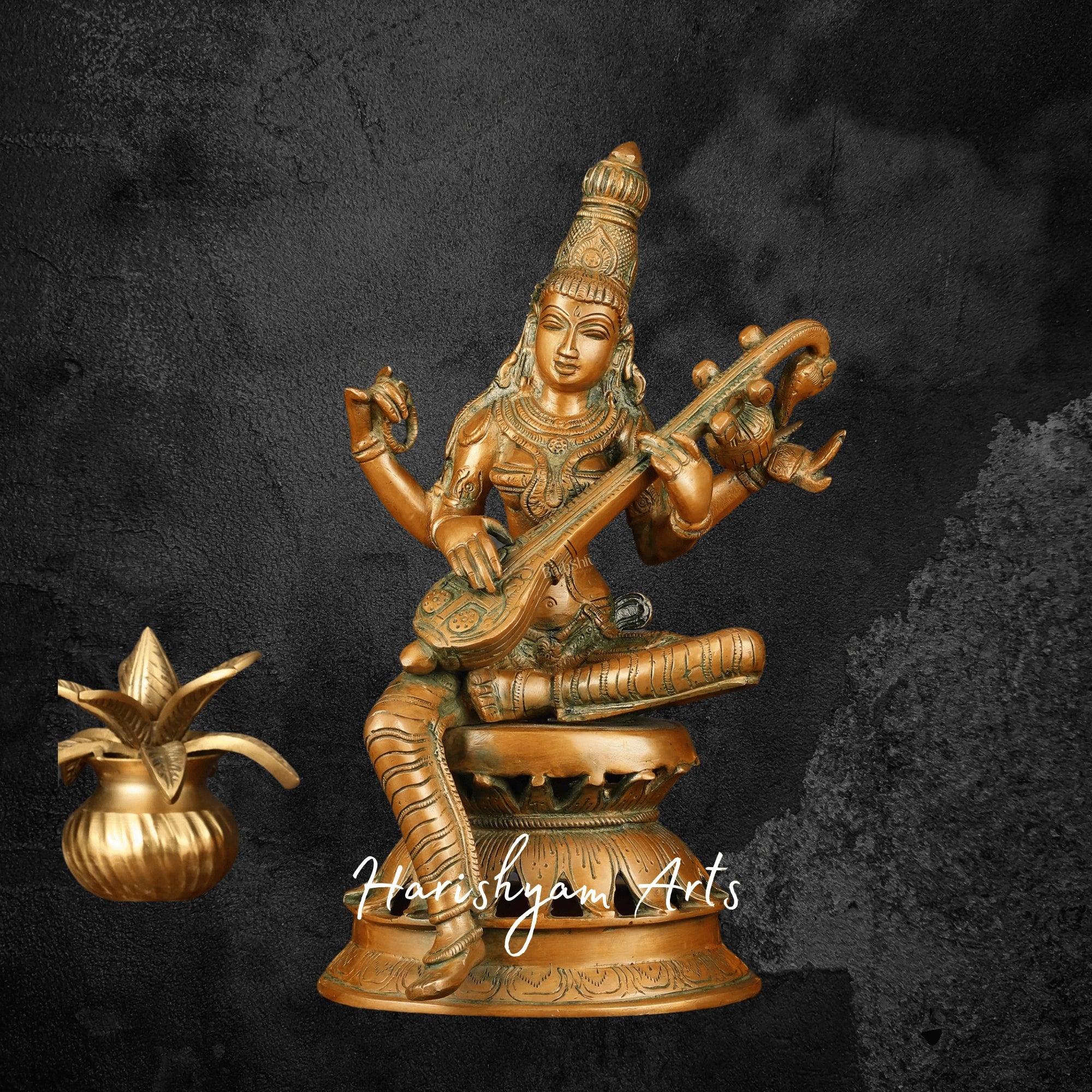 12" Antique Look Brass Saraswati Devi Idol for Mandir and Gift Use