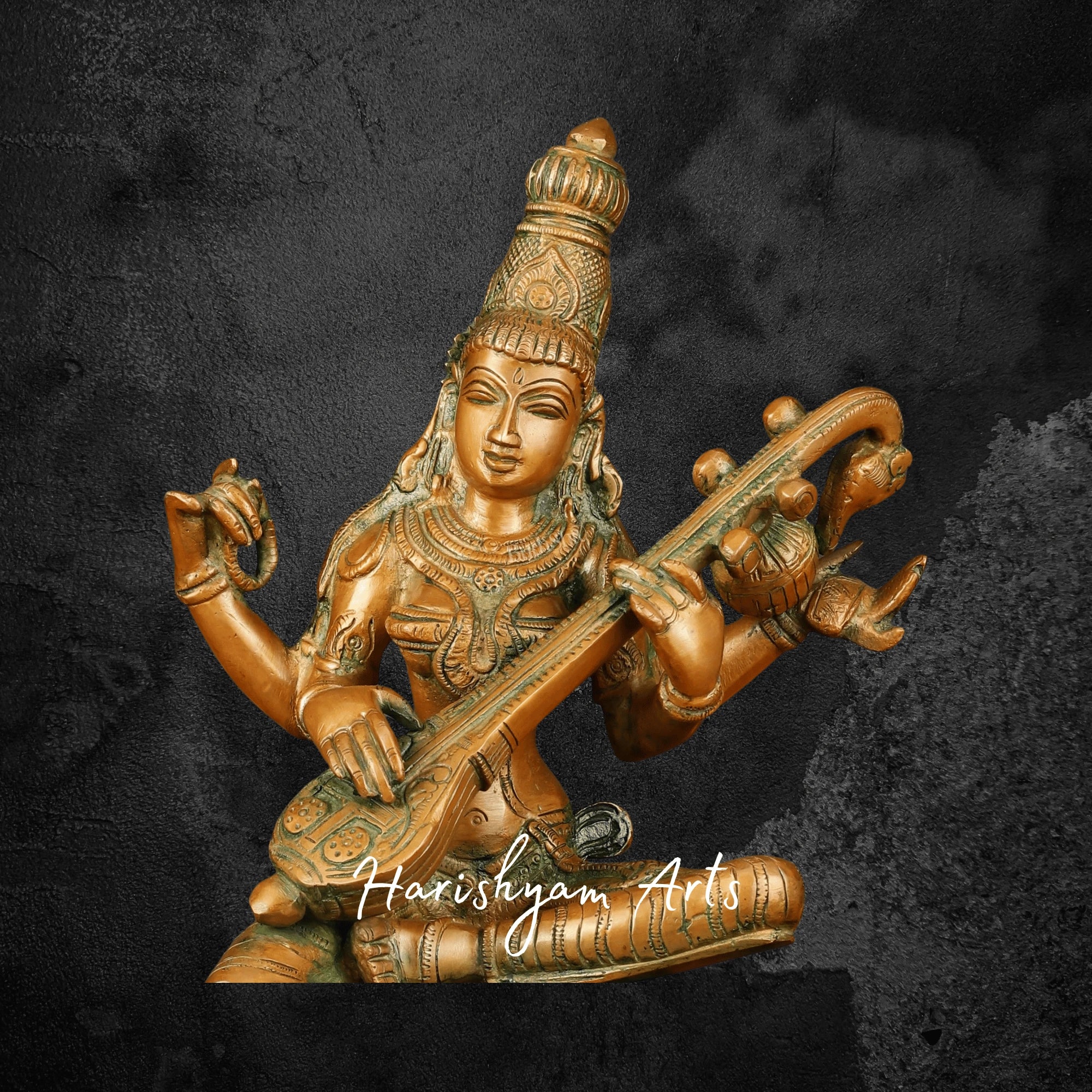 12" Antique Look Brass Saraswati Devi Idol for Mandir and Gift Use