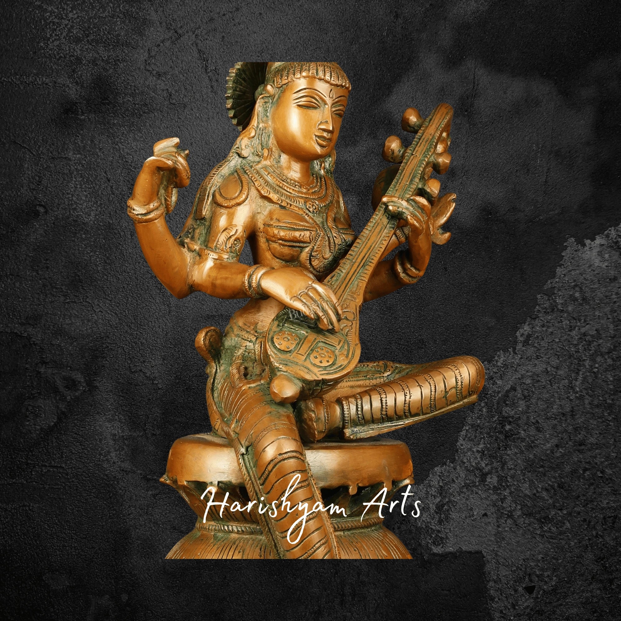 12" Antique Look Brass Saraswati Devi Idol for Mandir and Gift Use