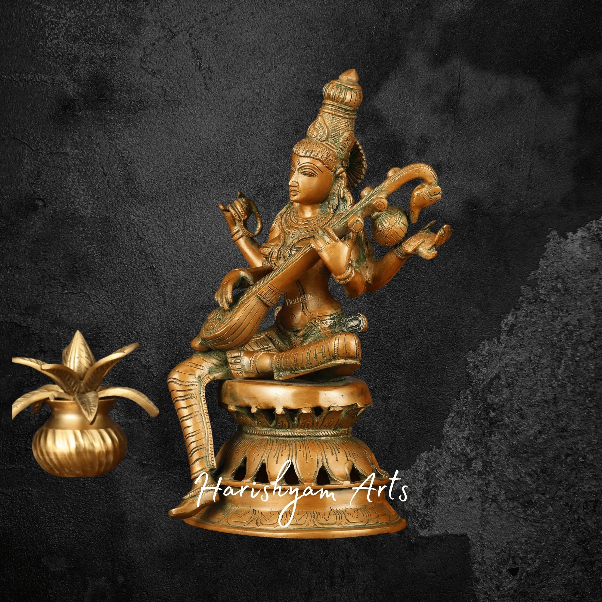 12" Antique Look Brass Saraswati Devi Idol for Mandir and Gift Use
