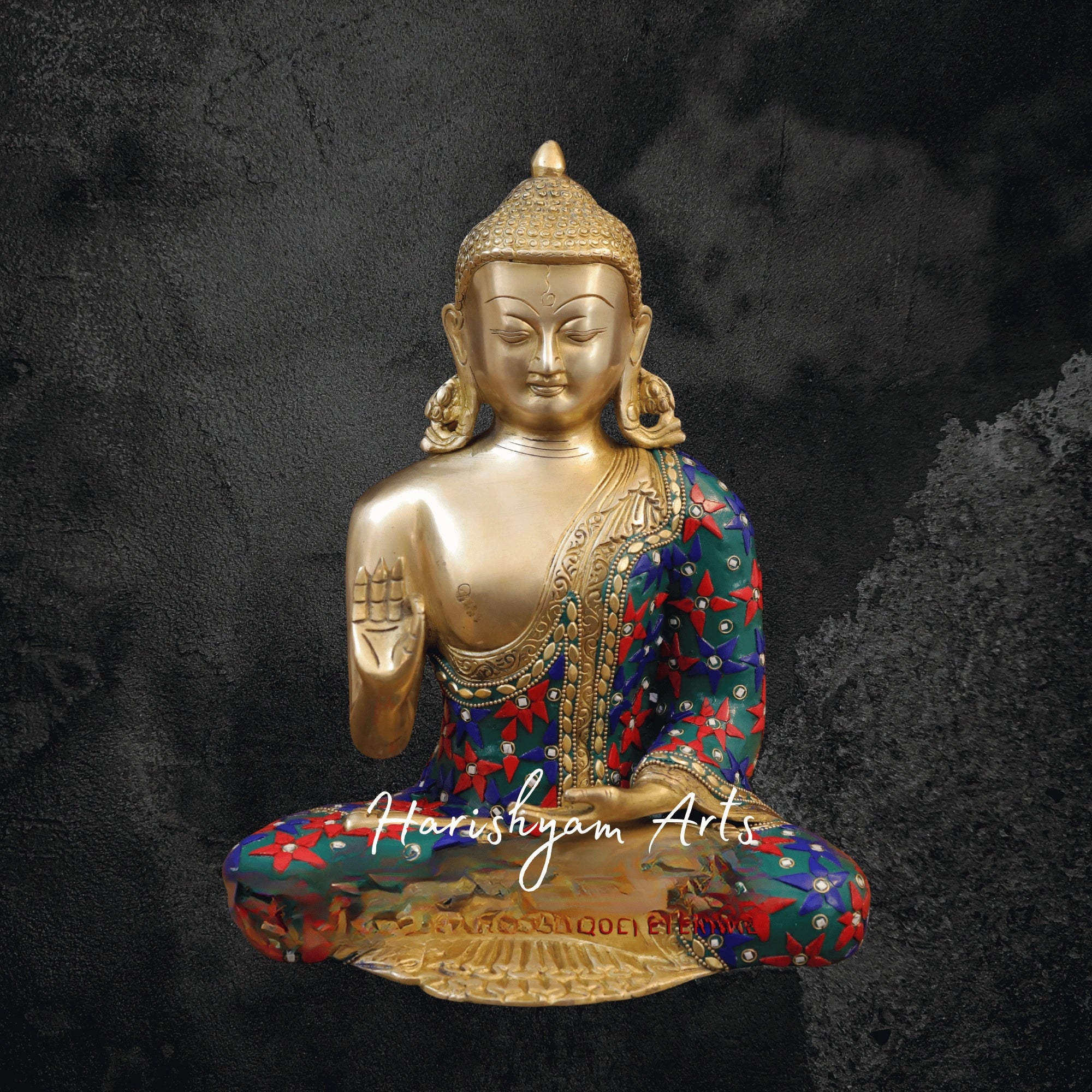 12" Brass Buddha Statue with Lotus Seated in Blessing Posture with Golden and Stonework