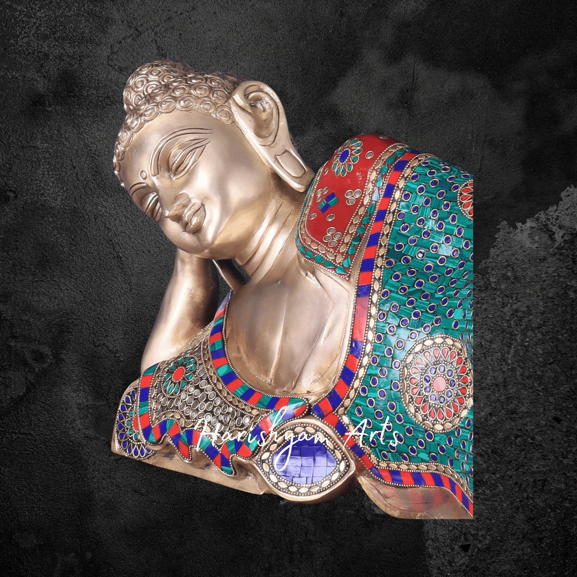 12" Brass Buddha Statue with Lotus Seated in Blessing Posture with Golden and Stonework
