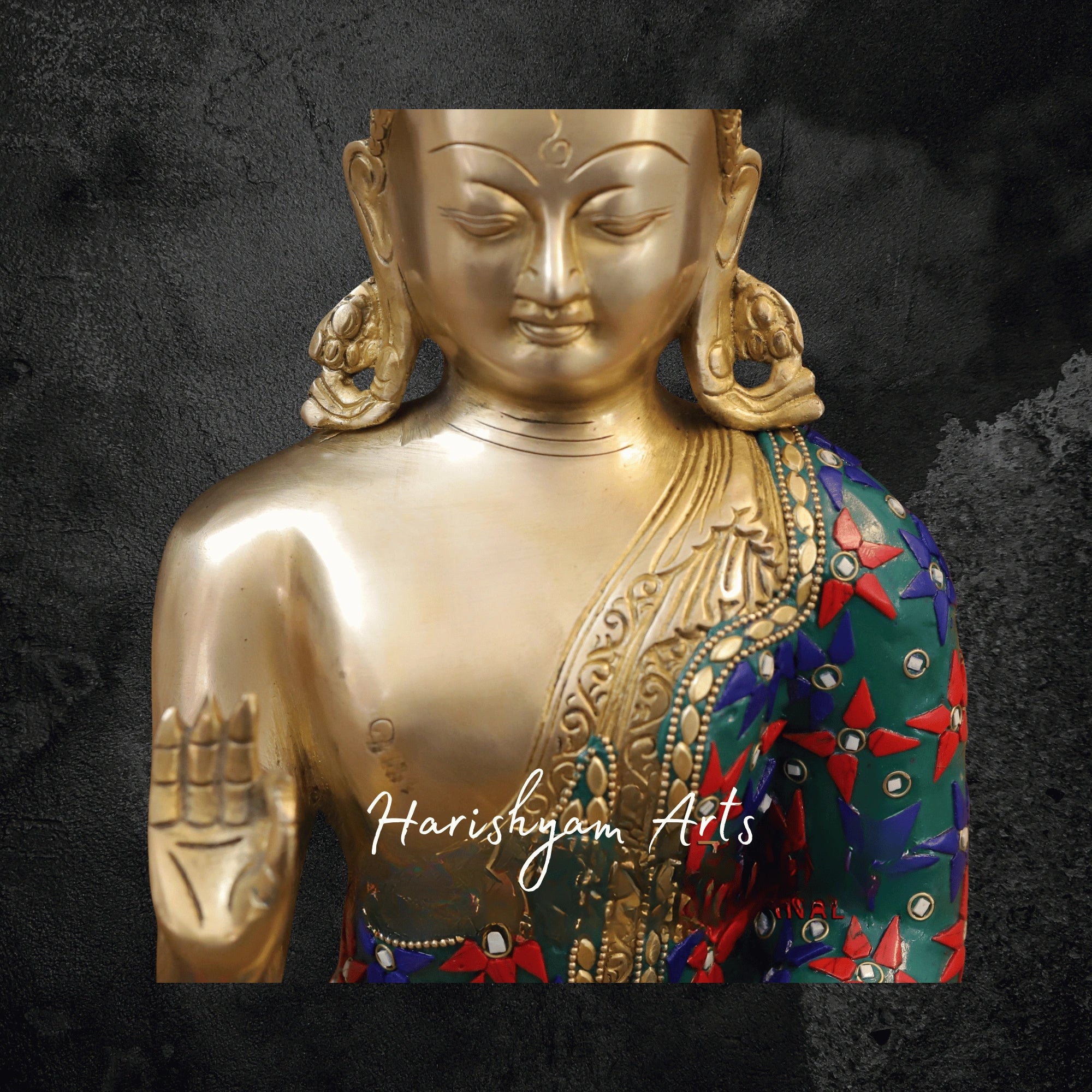 12" Brass Buddha Statue with Lotus Seated in Blessing Posture with Golden and Stonework