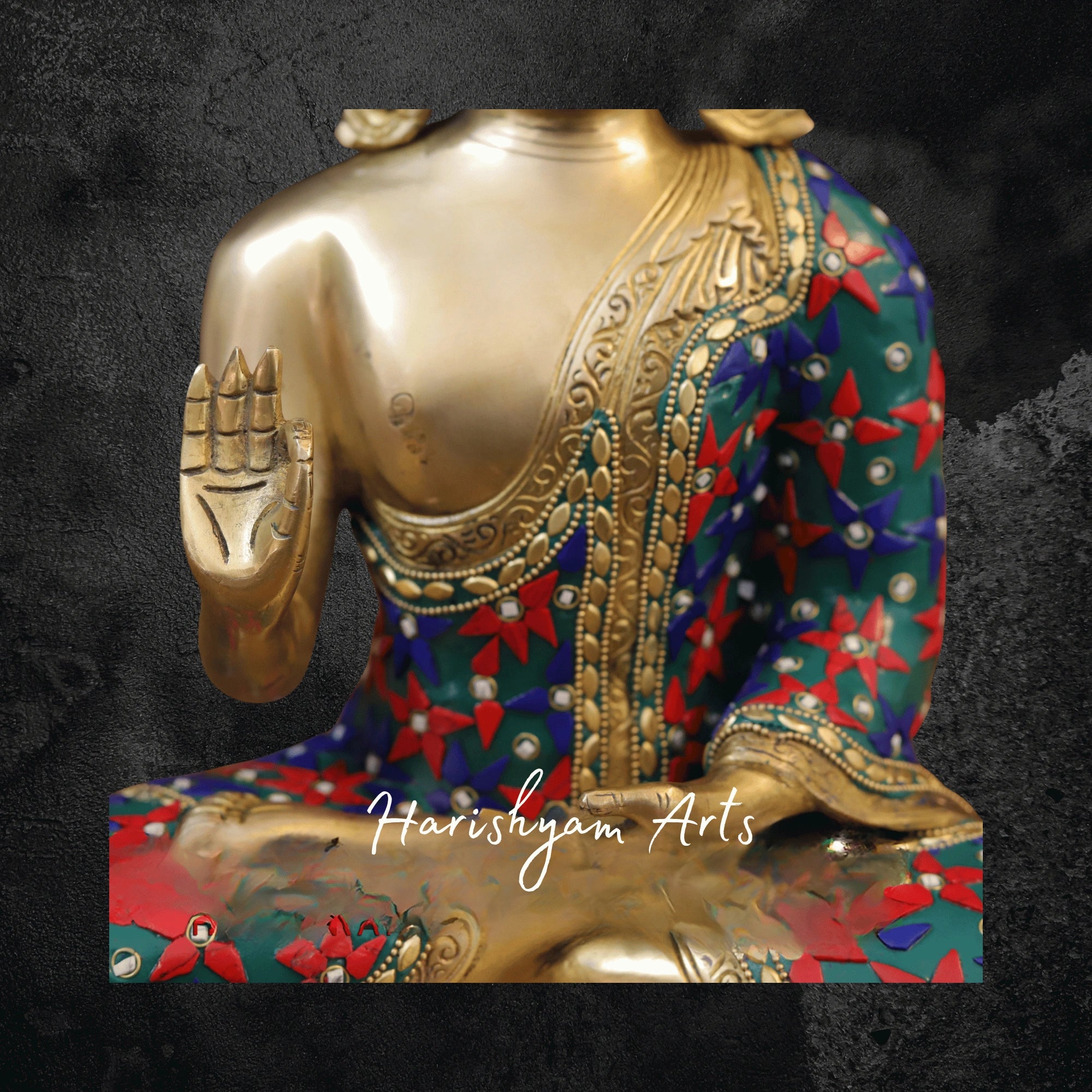 12" Brass Buddha Statue with Lotus Seated in Blessing Posture with Golden and Stonework