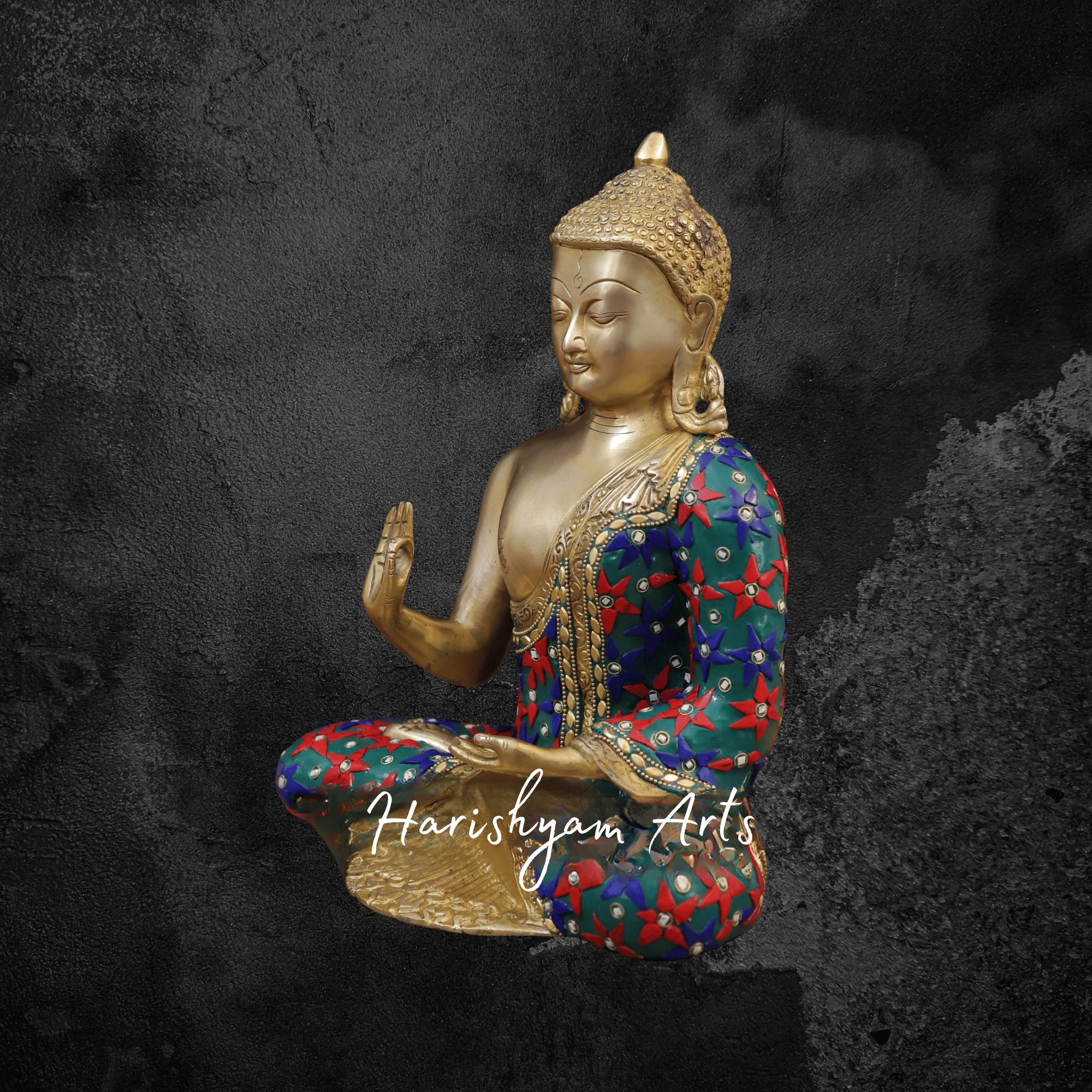 12" Brass Buddha Statue with Lotus Seated in Blessing Posture with Golden and Stonework