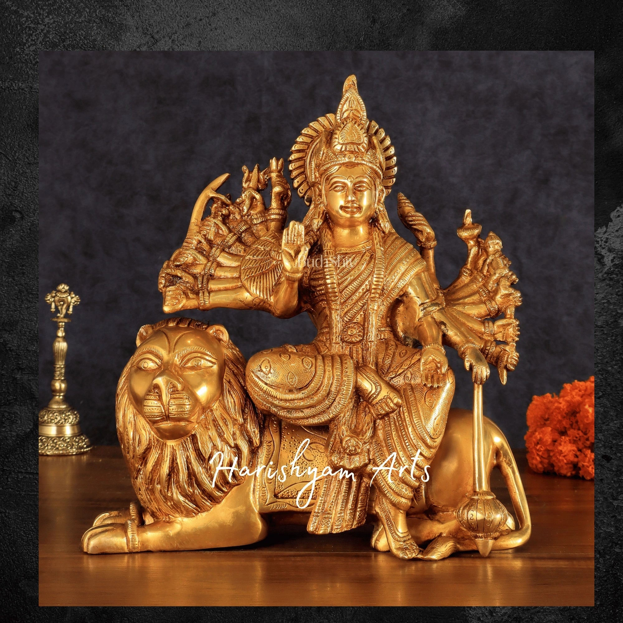12" Brass Durga Maa Statue with Eighteen Arms and Lion