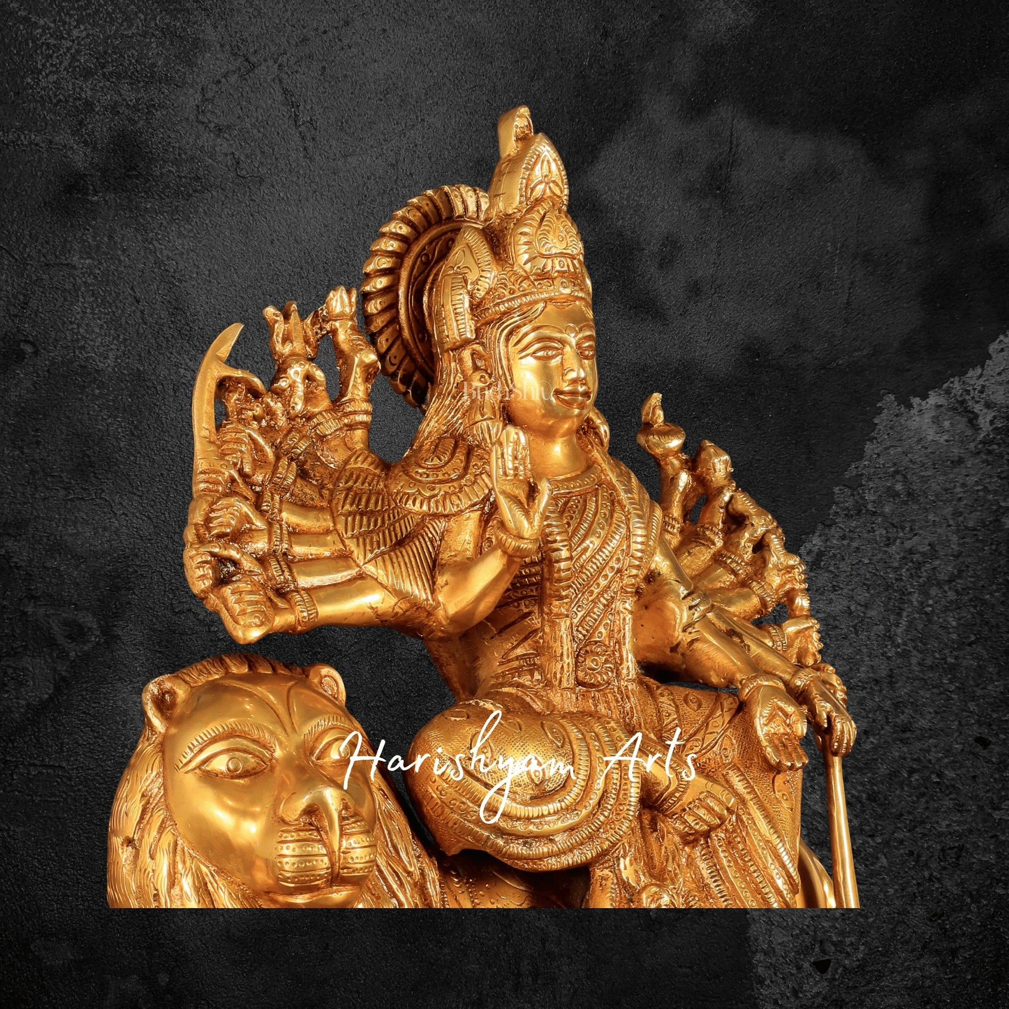 12" Brass Durga Maa Statue with Eighteen Arms and Lion