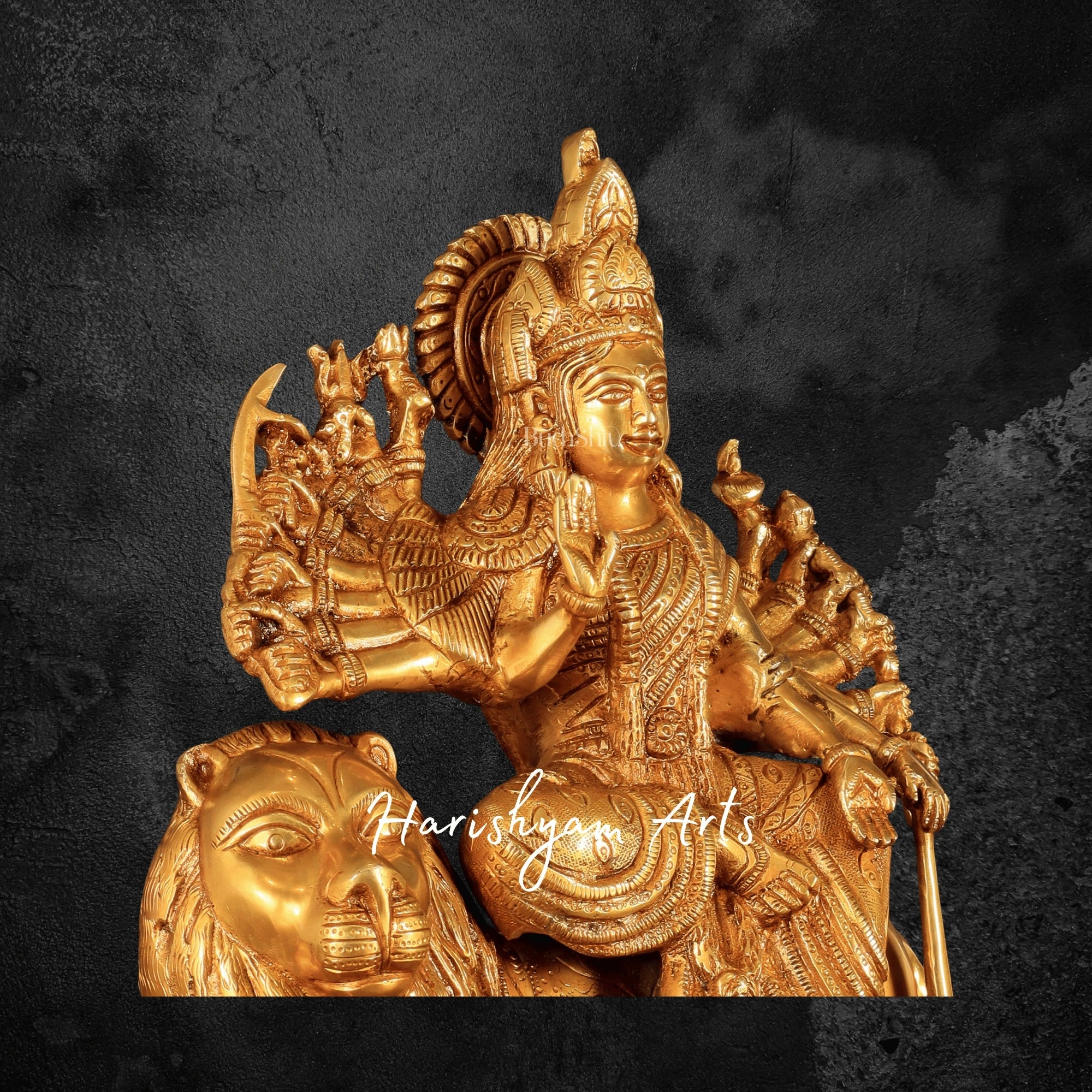 12" Brass Durga Maa Statue with Eighteen Arms and Lion