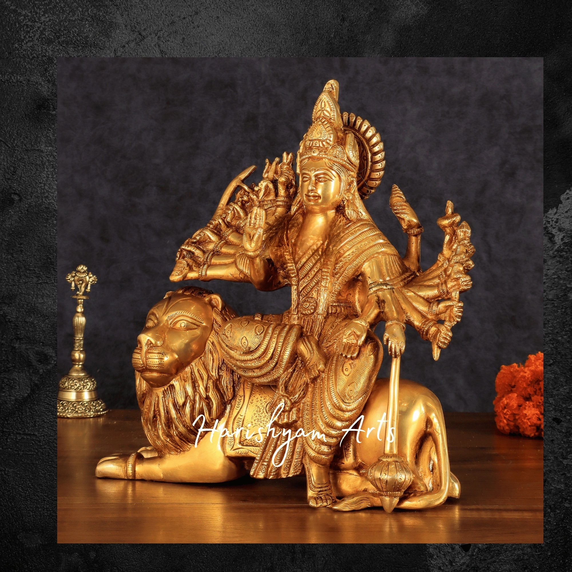12" Brass Durga Maa Statue with Eighteen Arms and Lion