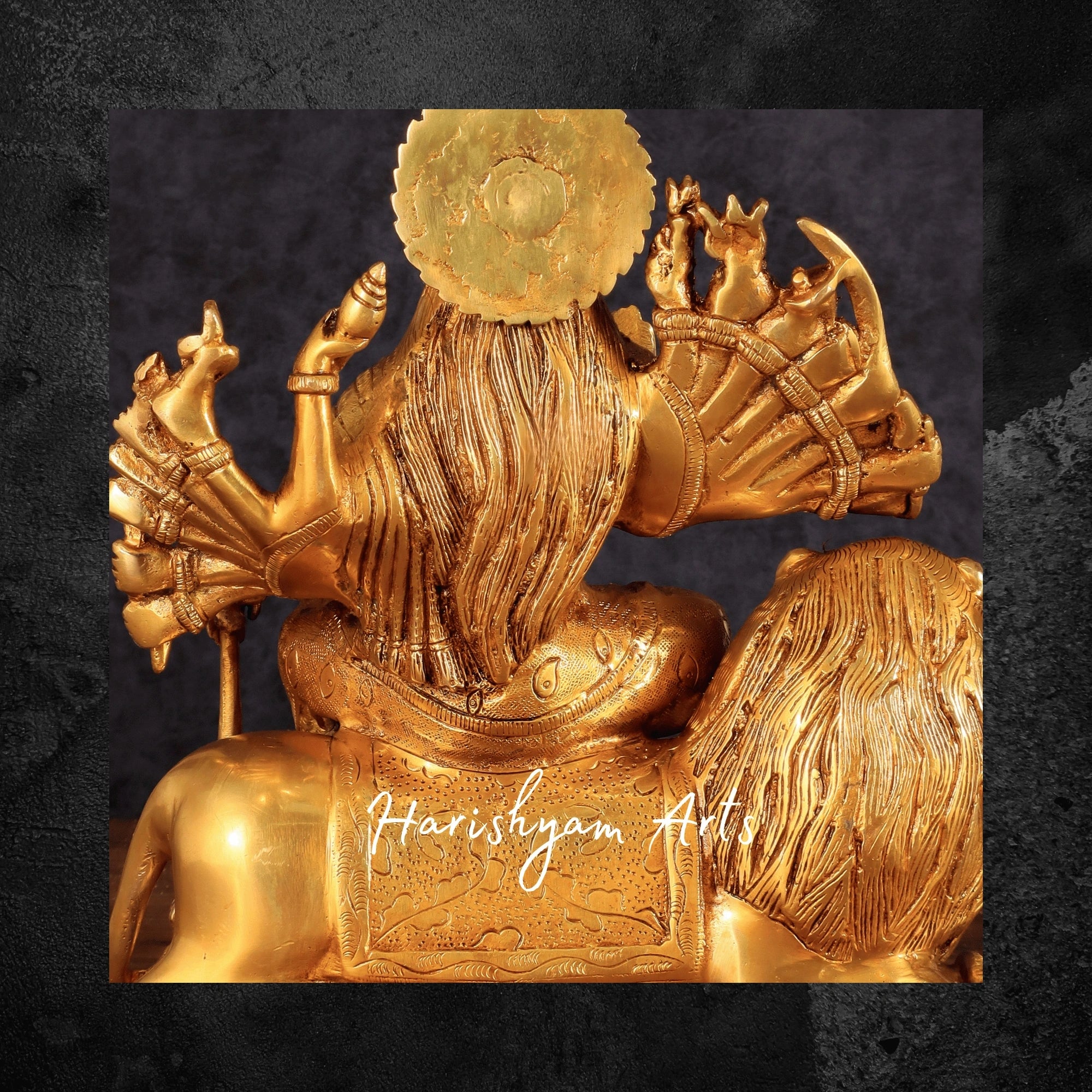 12" Brass Durga Maa Statue with Eighteen Arms and Lion