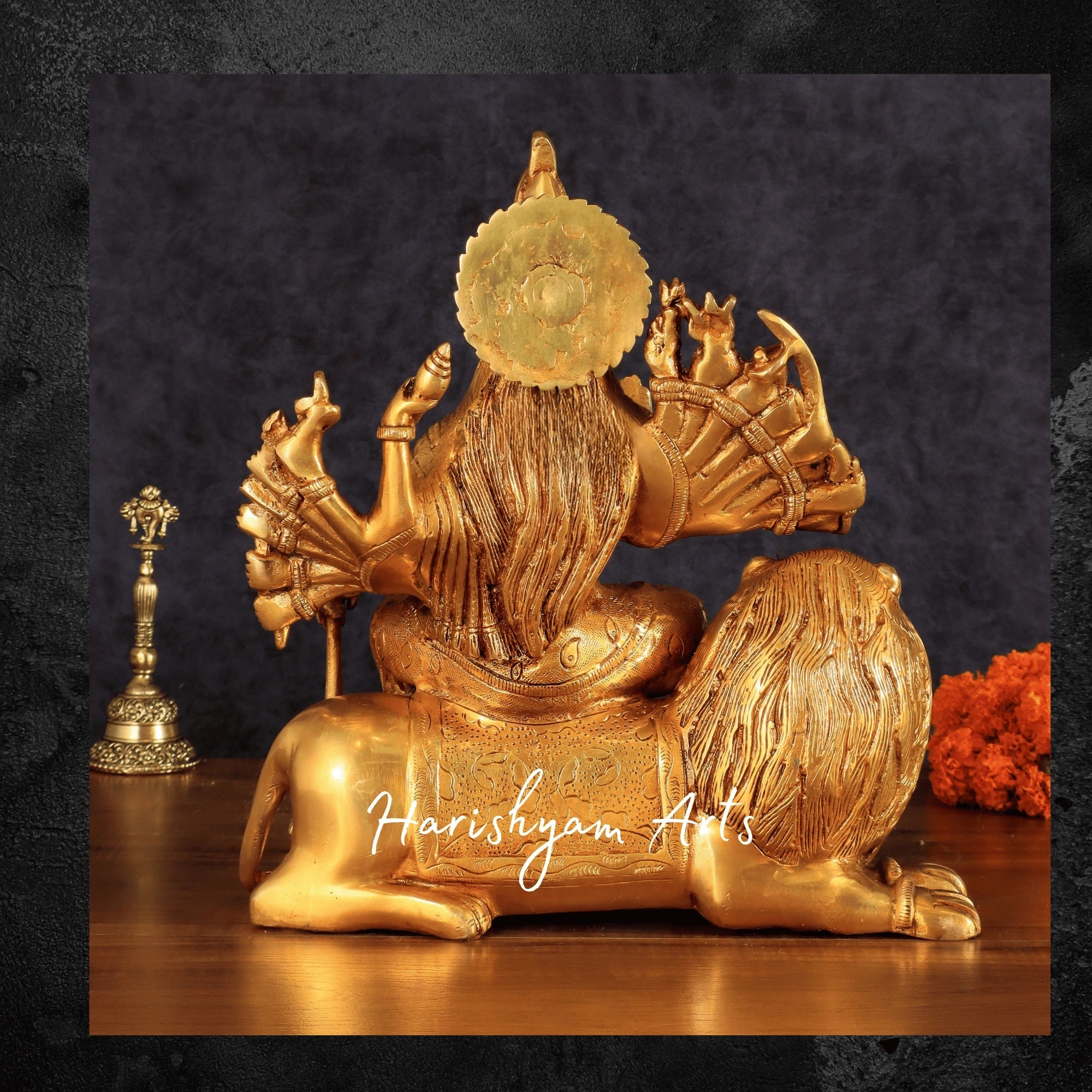 12" Brass Durga Maa Statue with Eighteen Arms and Lion