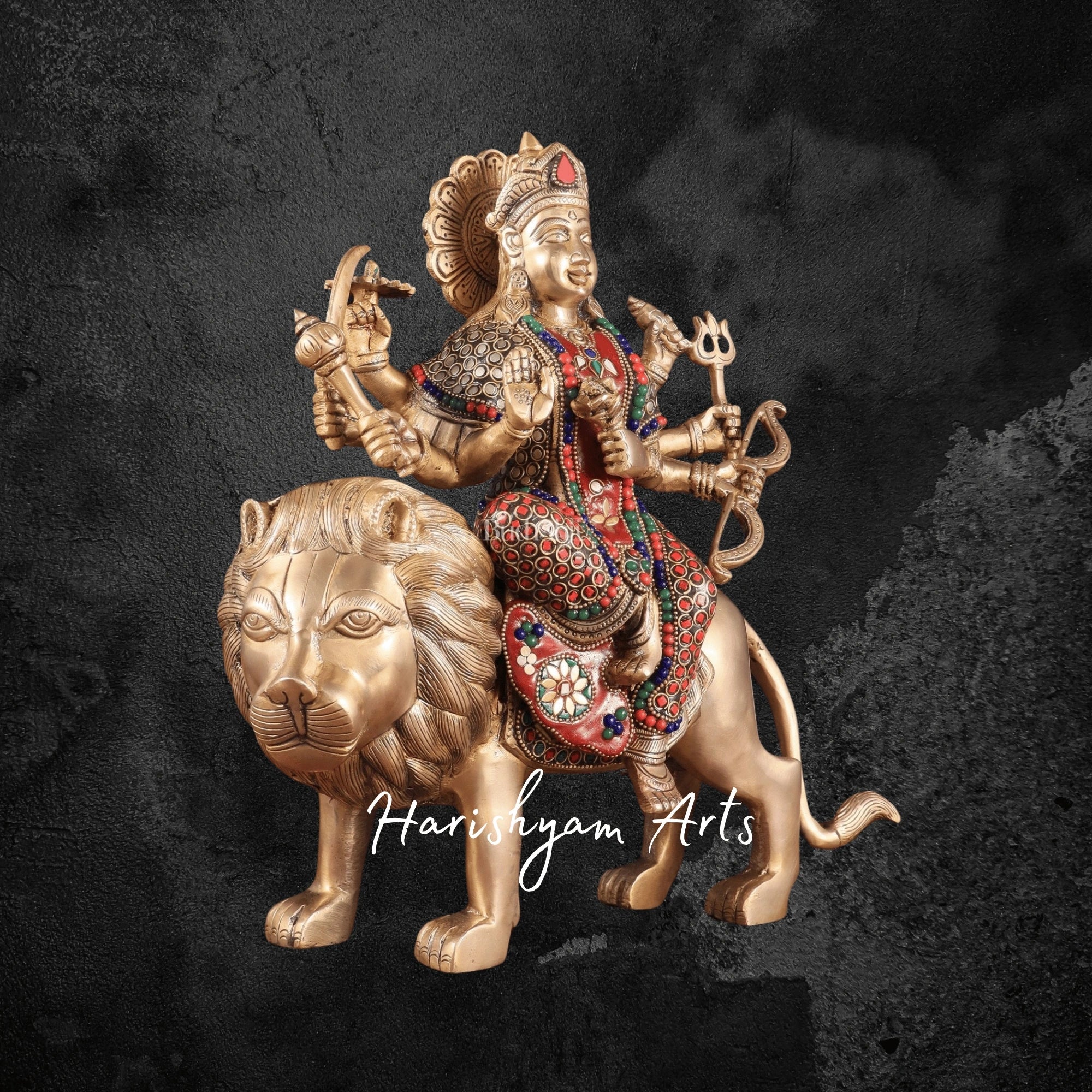 12" Brass Durga Mata Sherawali Idol with Stonework for Pooja