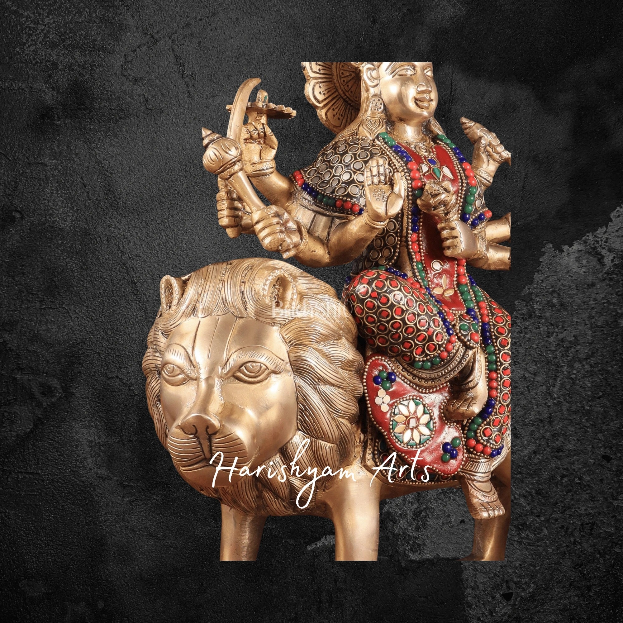 12" Brass Durga Mata Sherawali Idol with Stonework for Pooja