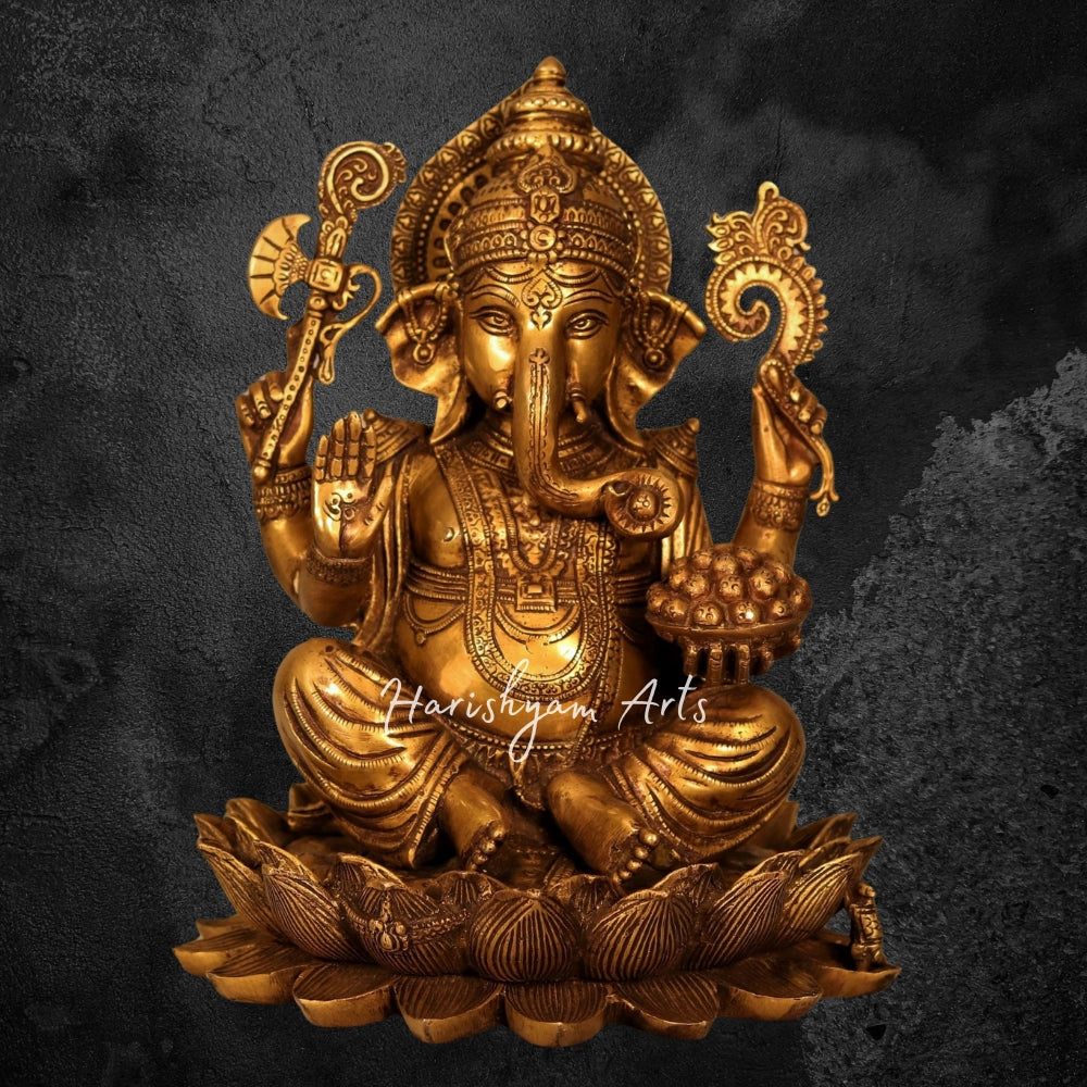 12" Brass Ganesha Statue Seated On Lotus Base