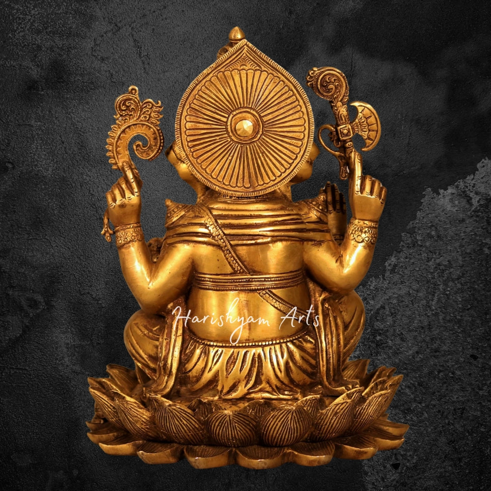 12" Brass Ganesha Statue Seated On Lotus Base