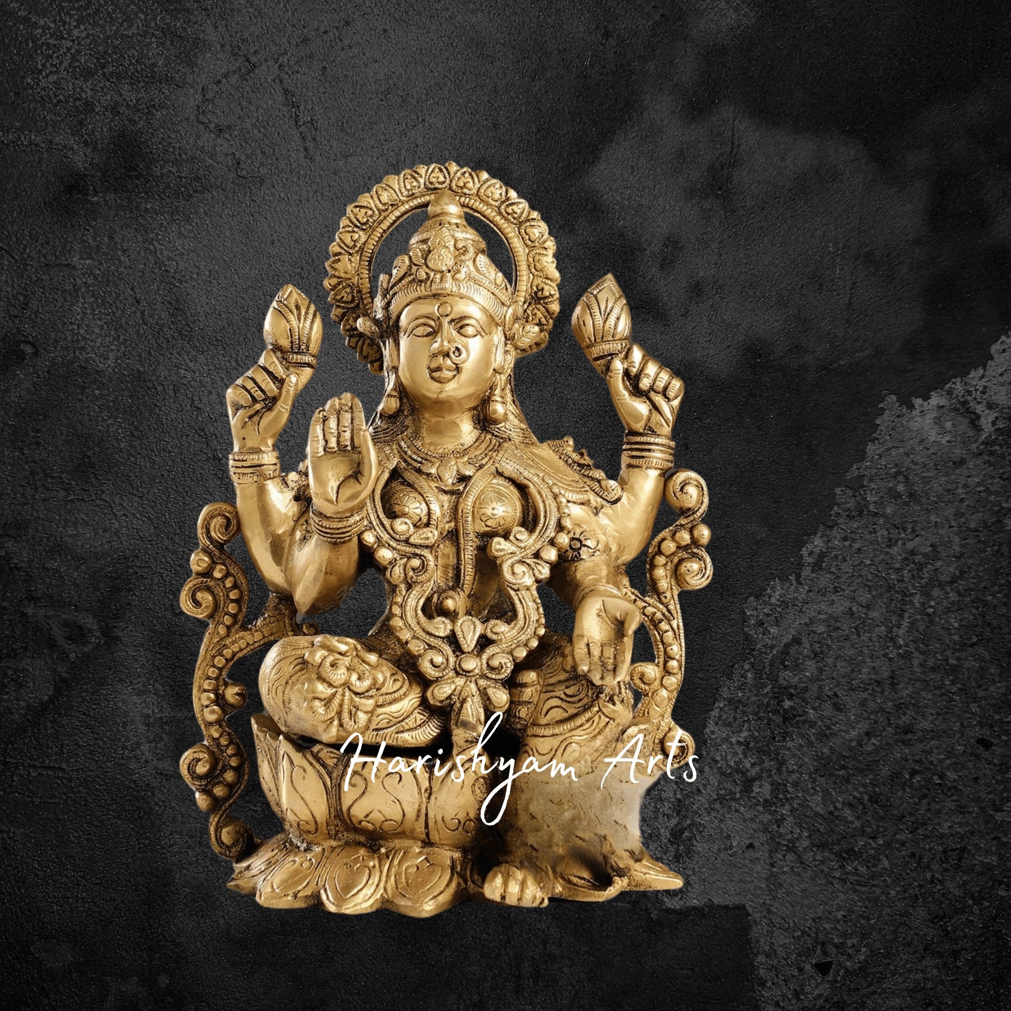 12" Brass Lakshmi Idol Seated Gracefully on a Lotus Pedestal