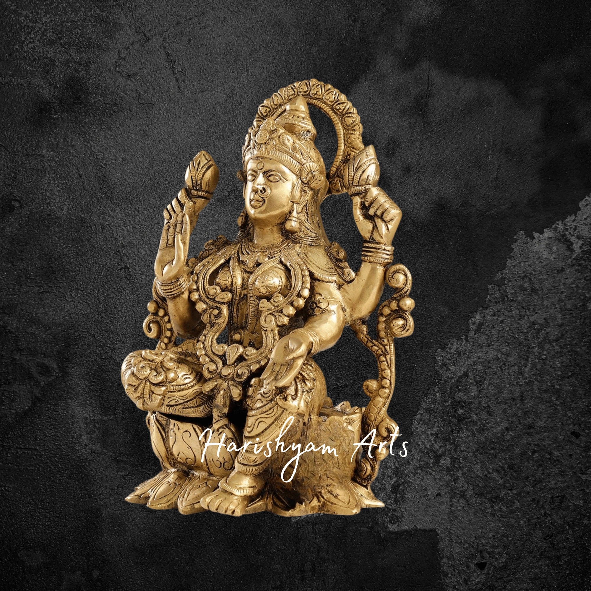 12" Brass Lakshmi Idol Seated Gracefully on a Lotus Pedestal