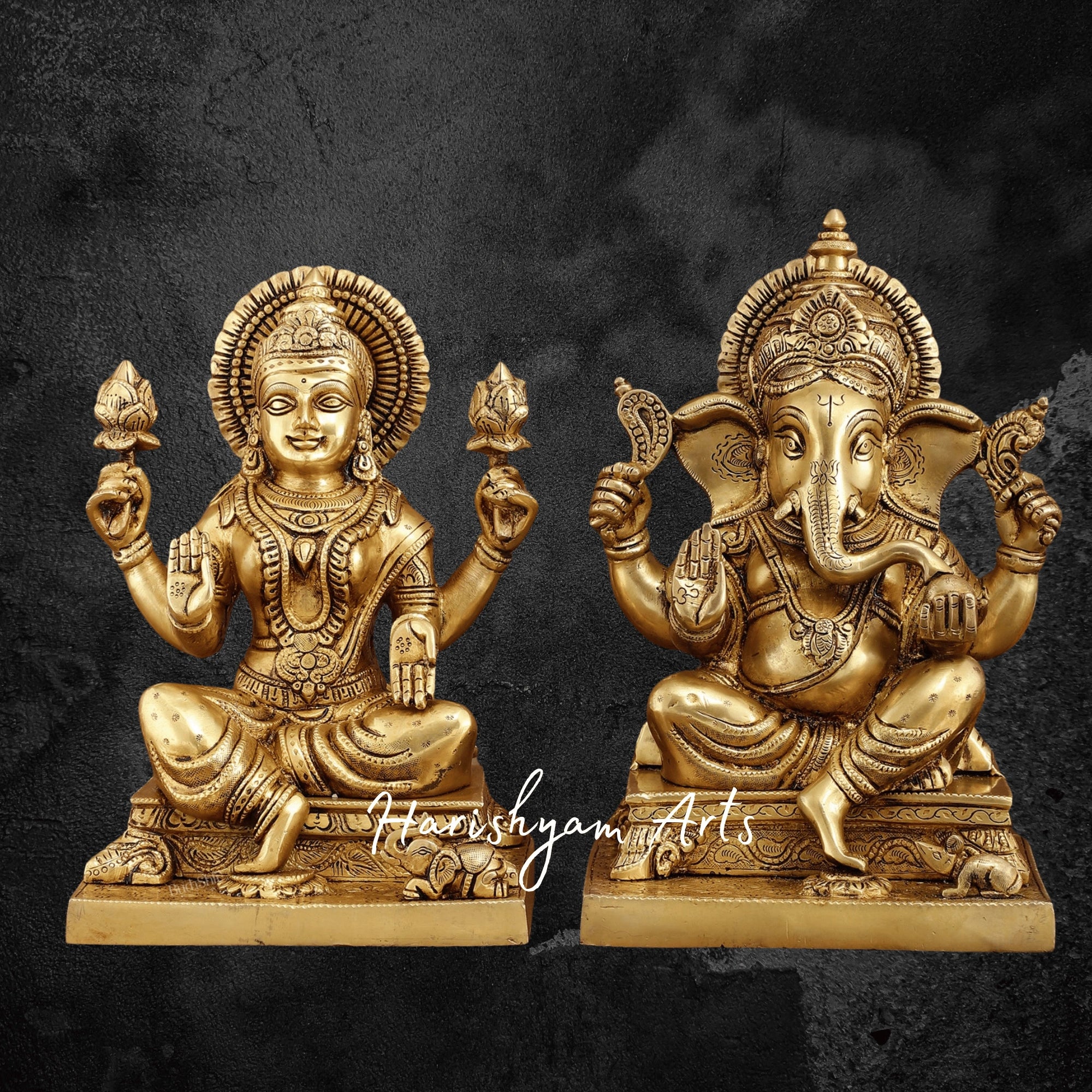 12" Brass Laxmi Ganesh Idol for Wealth and Prosperity