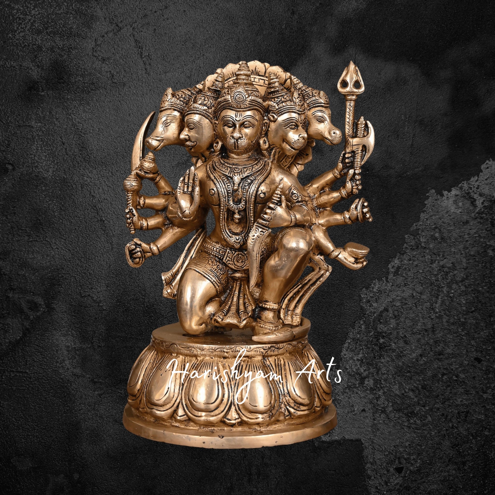 12" Brass Panchmukhi Hanuman Murti Superfine Hanuman Idol for Home and Temple