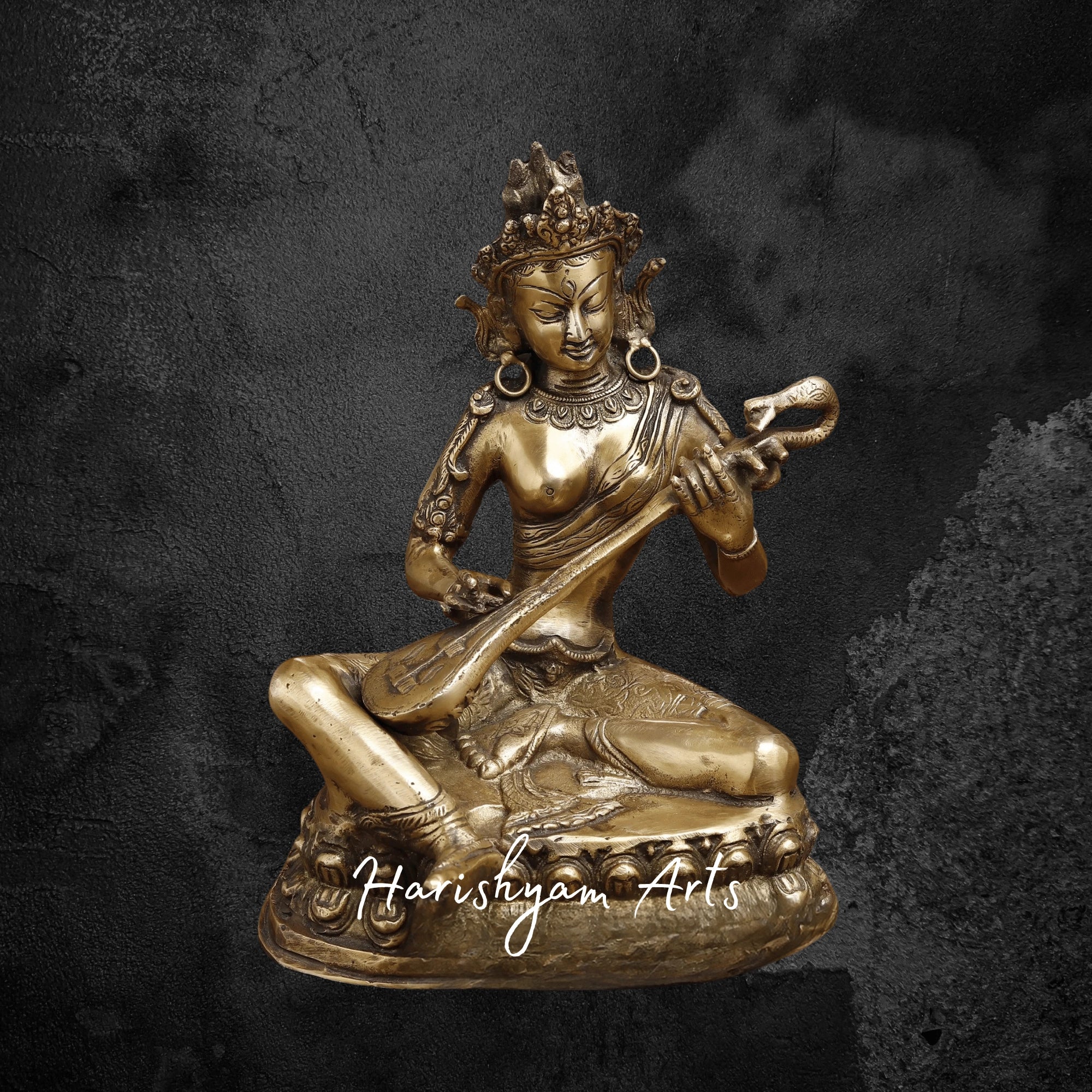 12" Brass Saraswati Idol Holding Sitar with Elegant Golden Finish for Puja Room