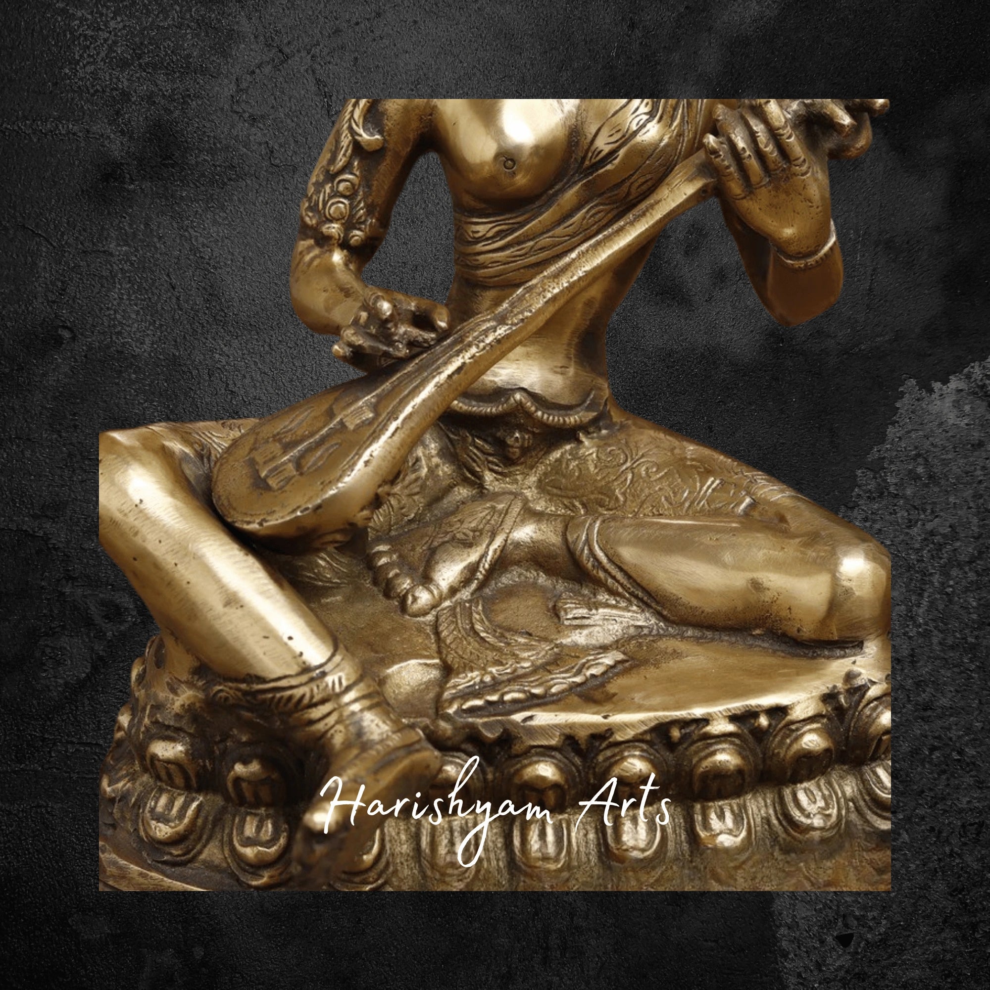 12" Brass Saraswati Idol Holding Sitar with Elegant Golden Finish for Puja Room