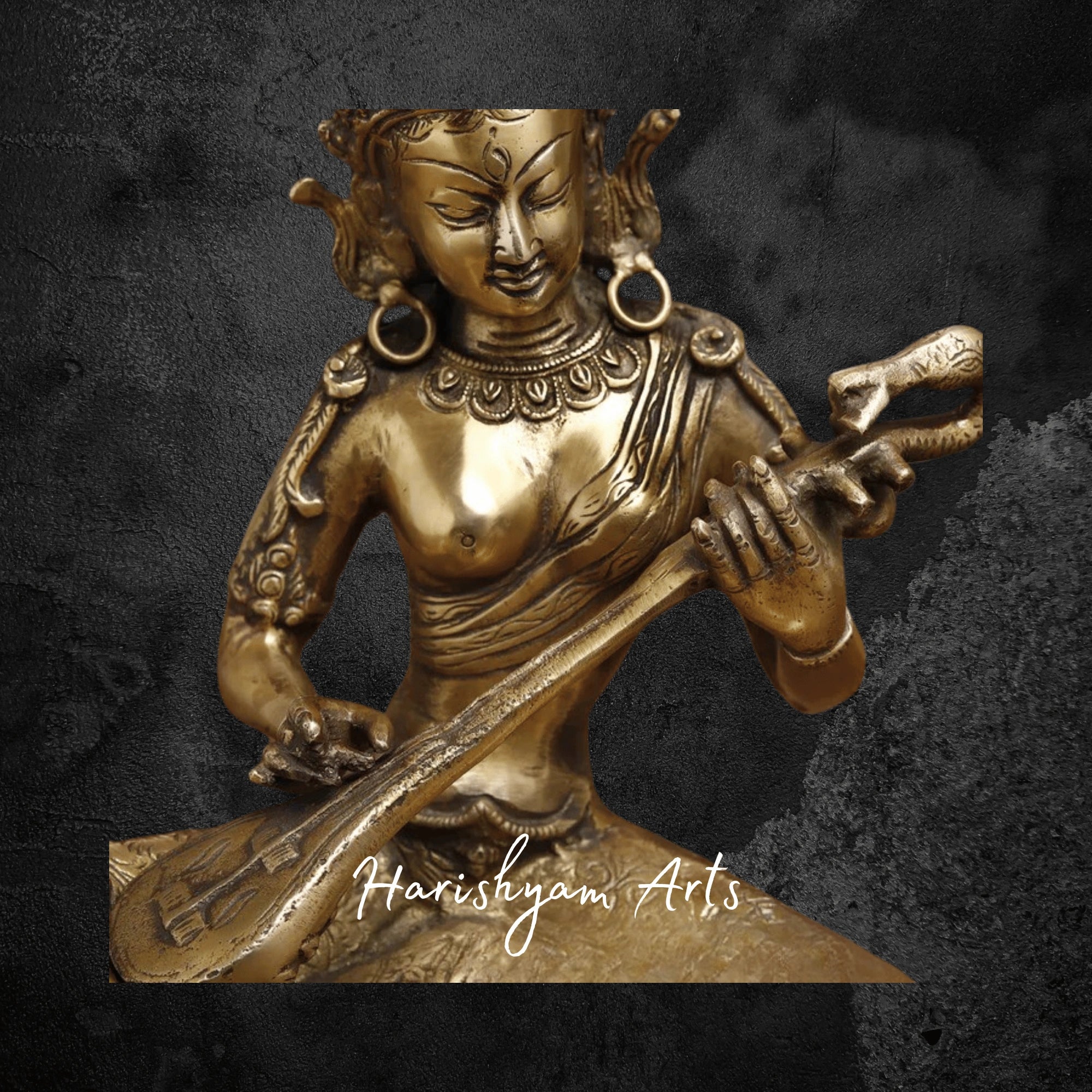 12" Brass Saraswati Idol Holding Sitar with Elegant Golden Finish for Puja Room