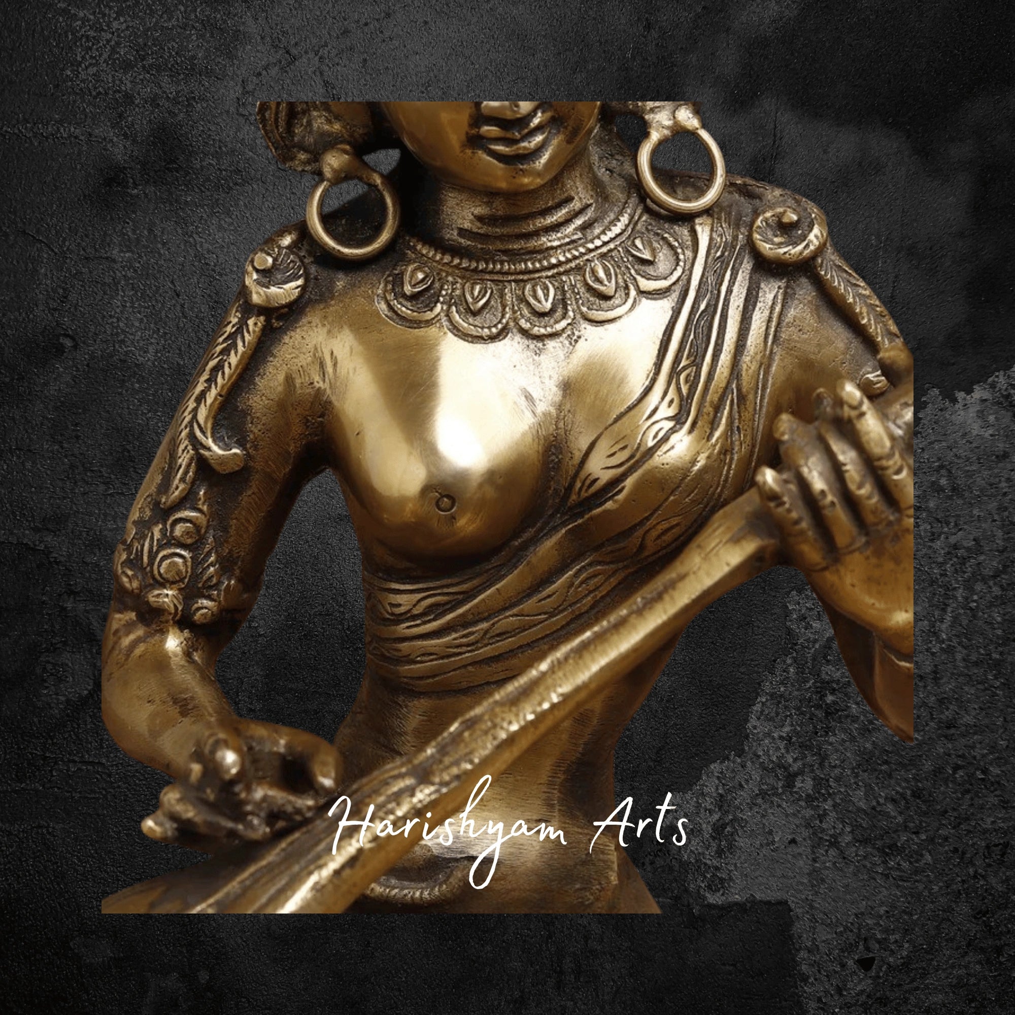 12" Brass Saraswati Idol Holding Sitar with Elegant Golden Finish for Puja Room