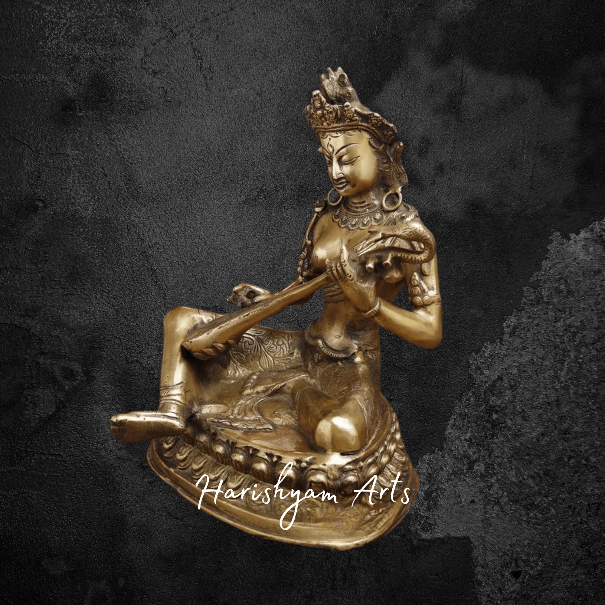 12" Brass Saraswati Idol Holding Sitar with Elegant Golden Finish for Puja Room