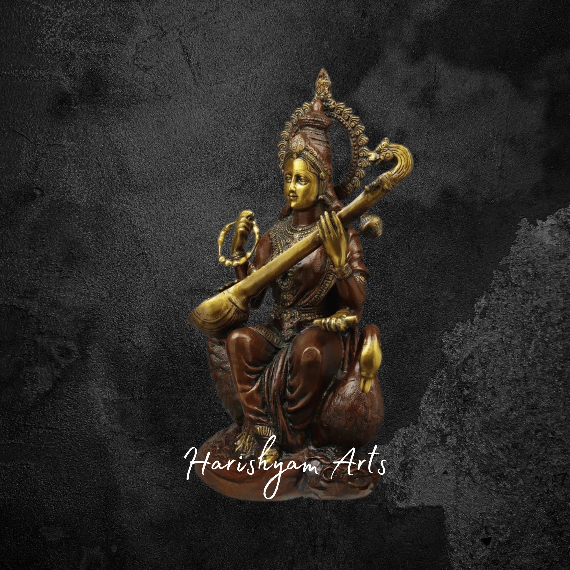 12" Brass Saraswati Idol Holding Sitar with Elegant Golden Finish for Puja Room