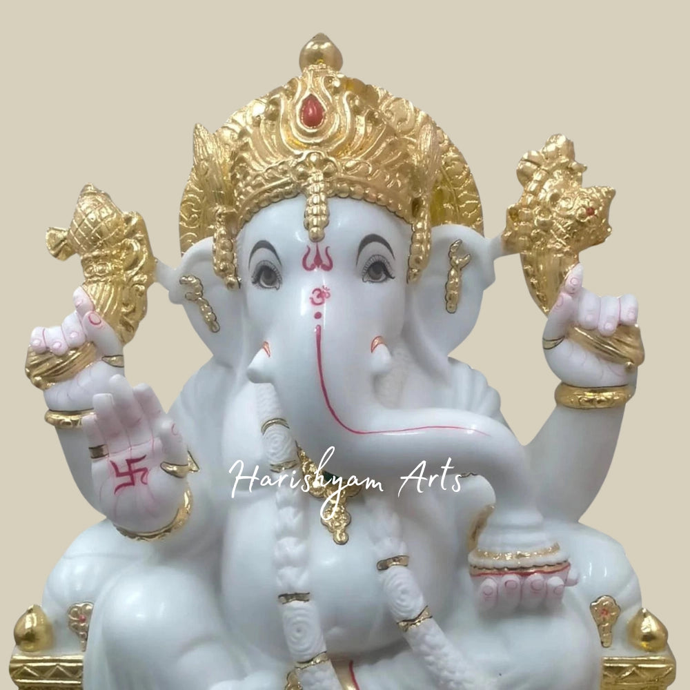 12" Chaturbhuja Ganesha Statue In White Marble