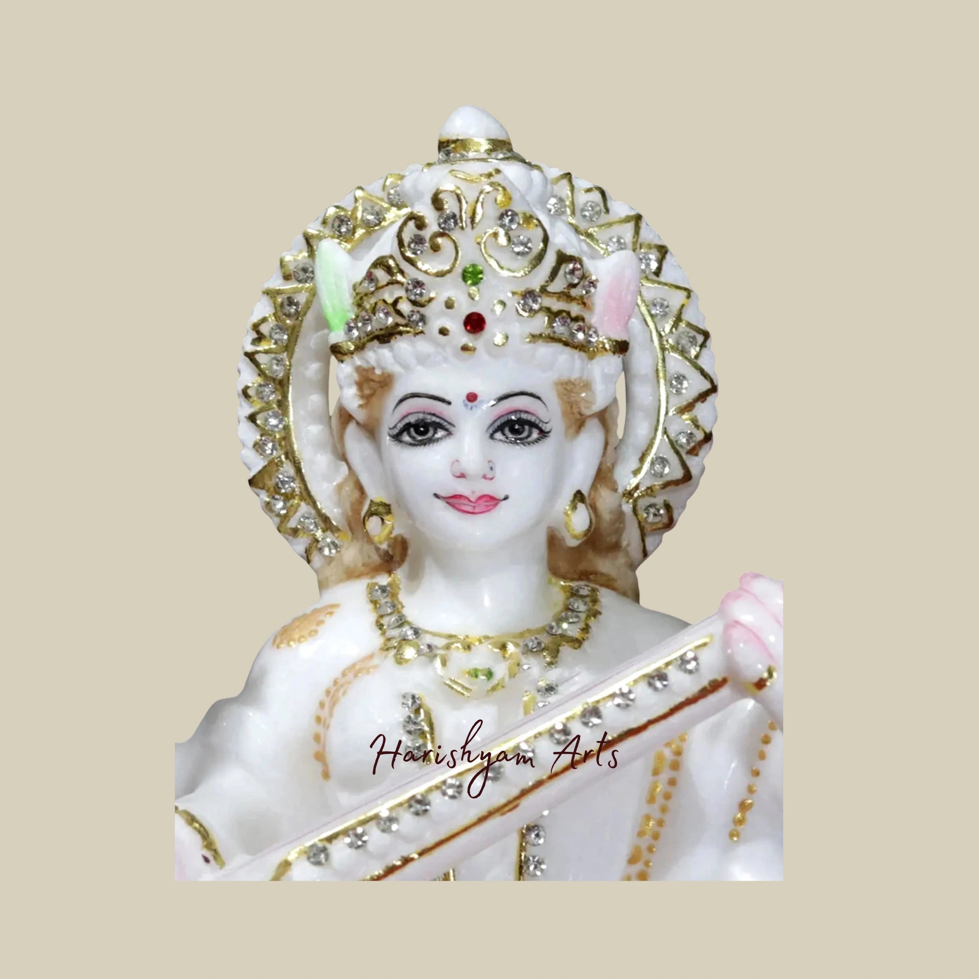 12" Chaturbhuja Saraswati Idol Holding Sitar Makrana Marble Sculpture