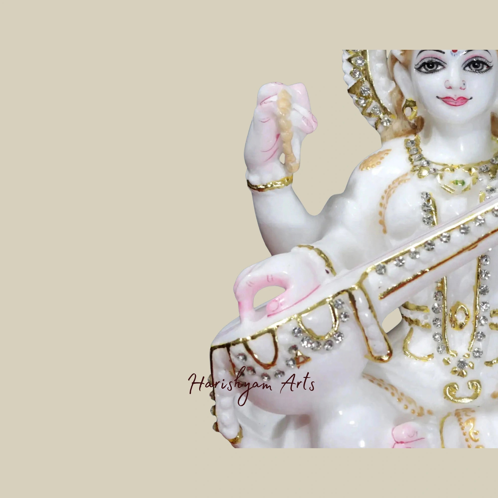 12" Chaturbhuja Saraswati Idol Holding Sitar Makrana Marble Sculpture2