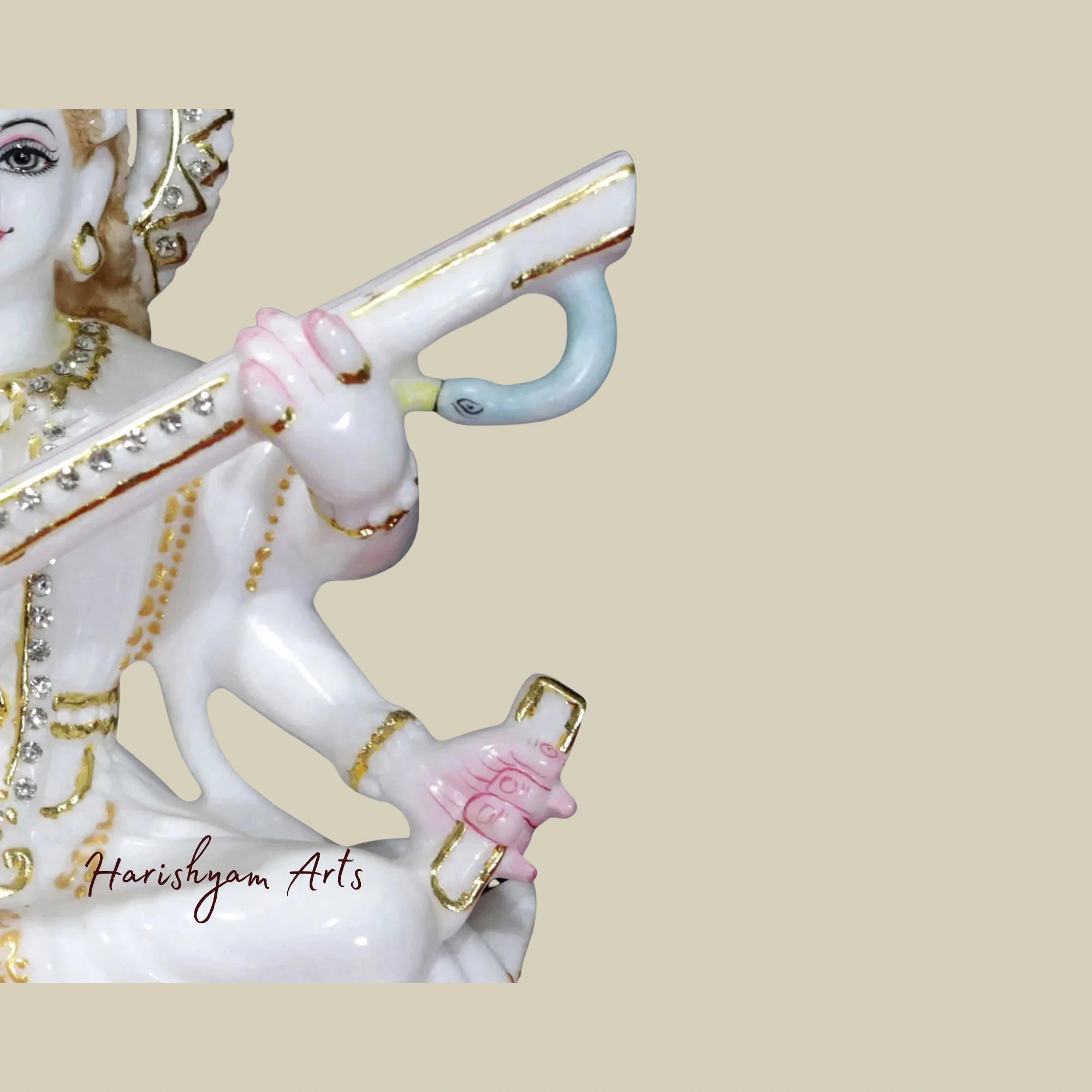 12" Chaturbhuja Saraswati Idol Holding Sitar Makrana Marble Sculpture3