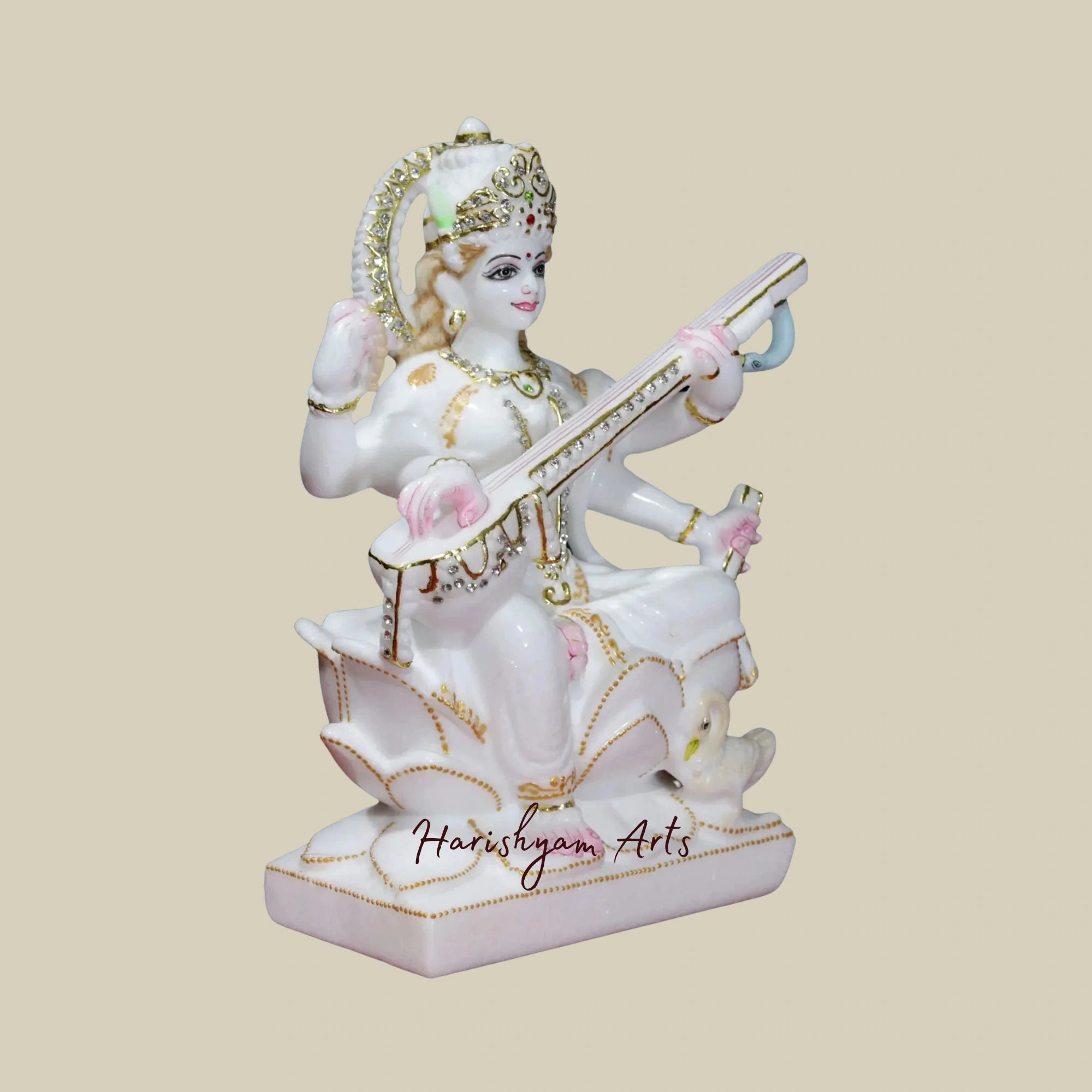 12" Chaturbhuja Saraswati Idol Holding Sitar Makrana Marble Sculpture5