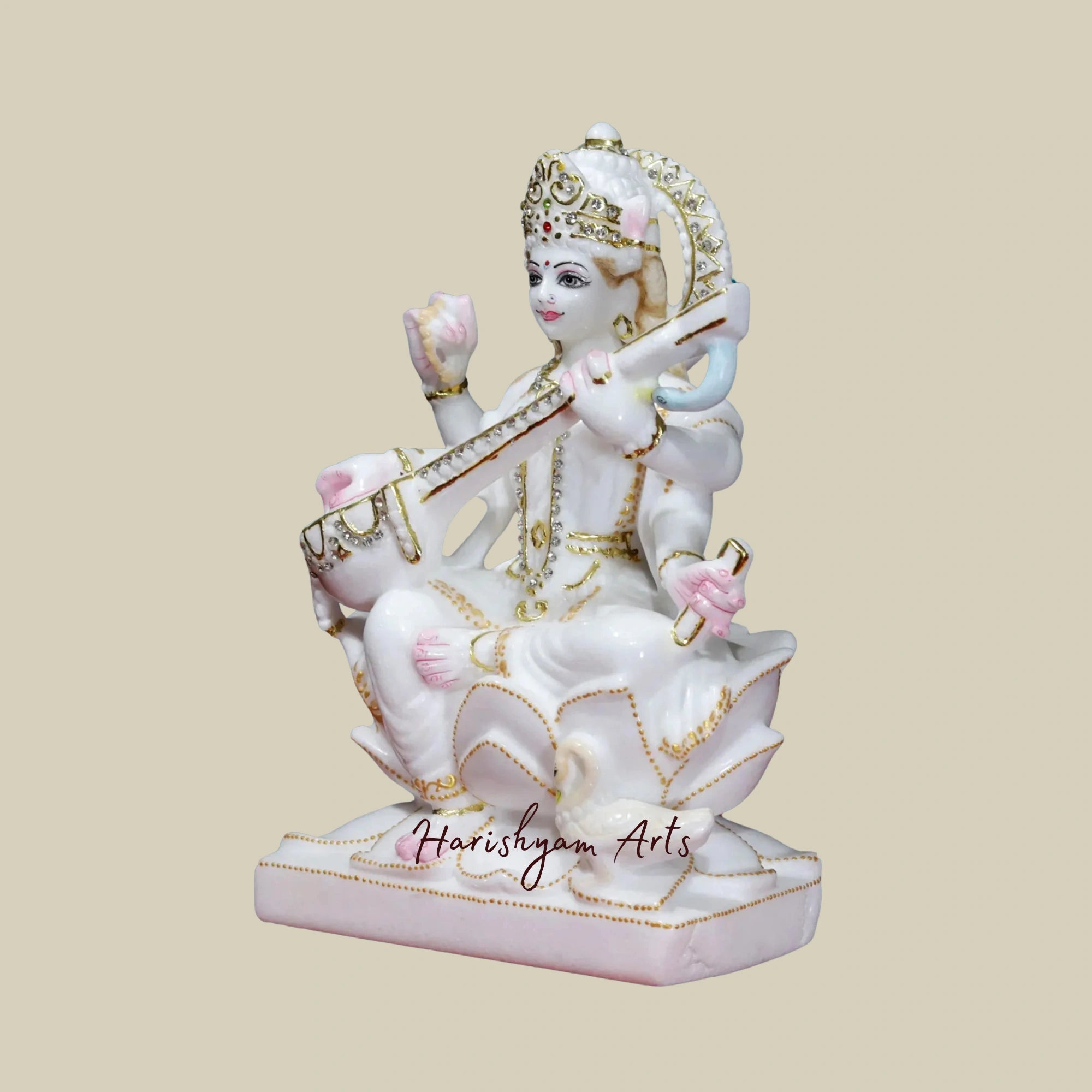 12" Chaturbhuja Saraswati Idol Holding Sitar Makrana Marble Sculpture6