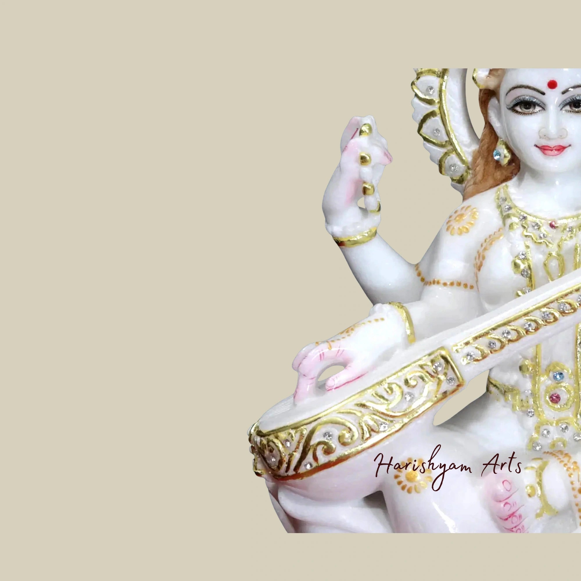 12" Chaturbhuja Saraswati Idol Holding Sitar Makrana Marble Sculpture