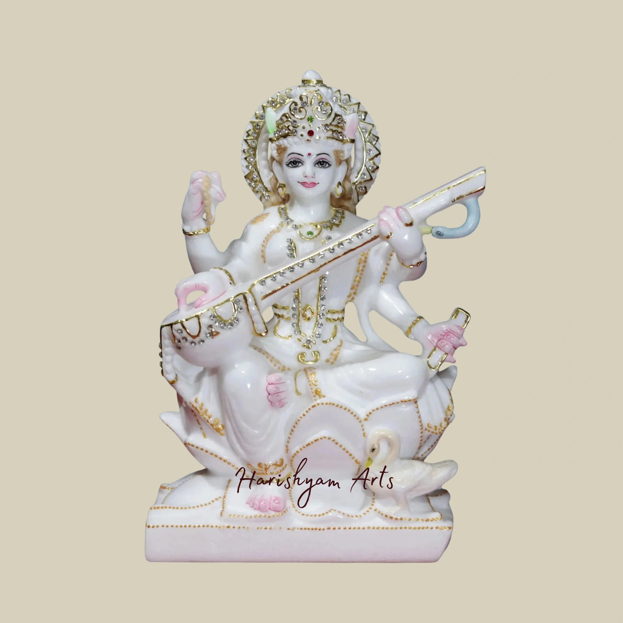 12" Chaturbhuja Saraswati Idol Holding Sitar Makrana Marble Sculpture