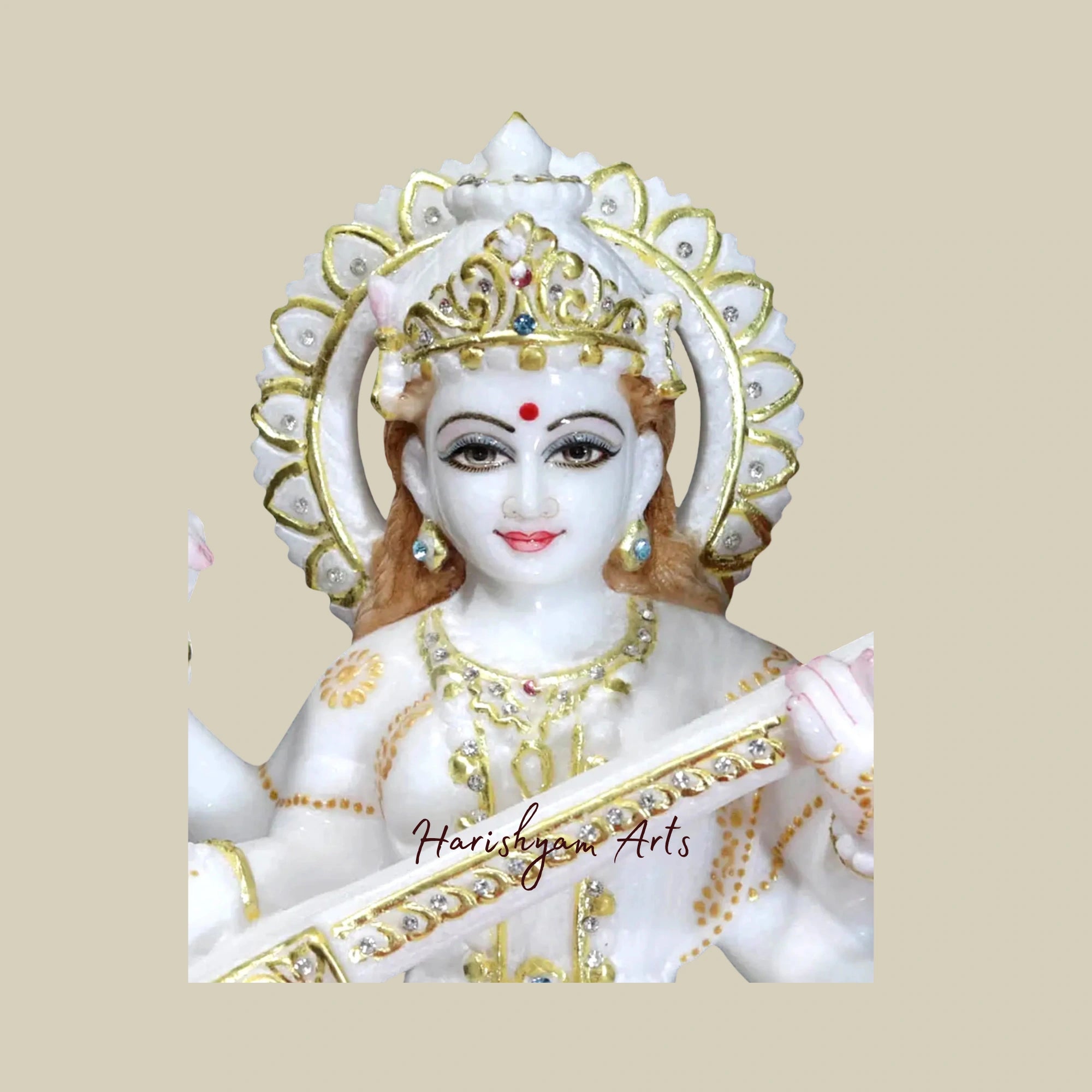 12" Chaturbhuja Saraswati Idol Holding Sitar Makrana Marble Sculpture