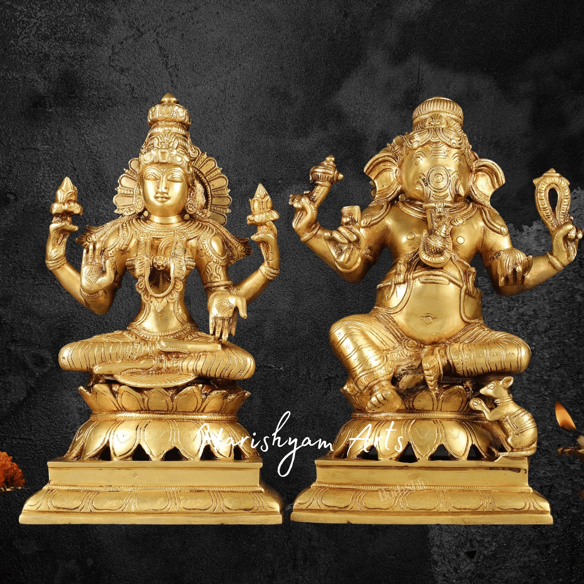12" Designer Laxmi Ganesh Brass Idol with Fine Detailing