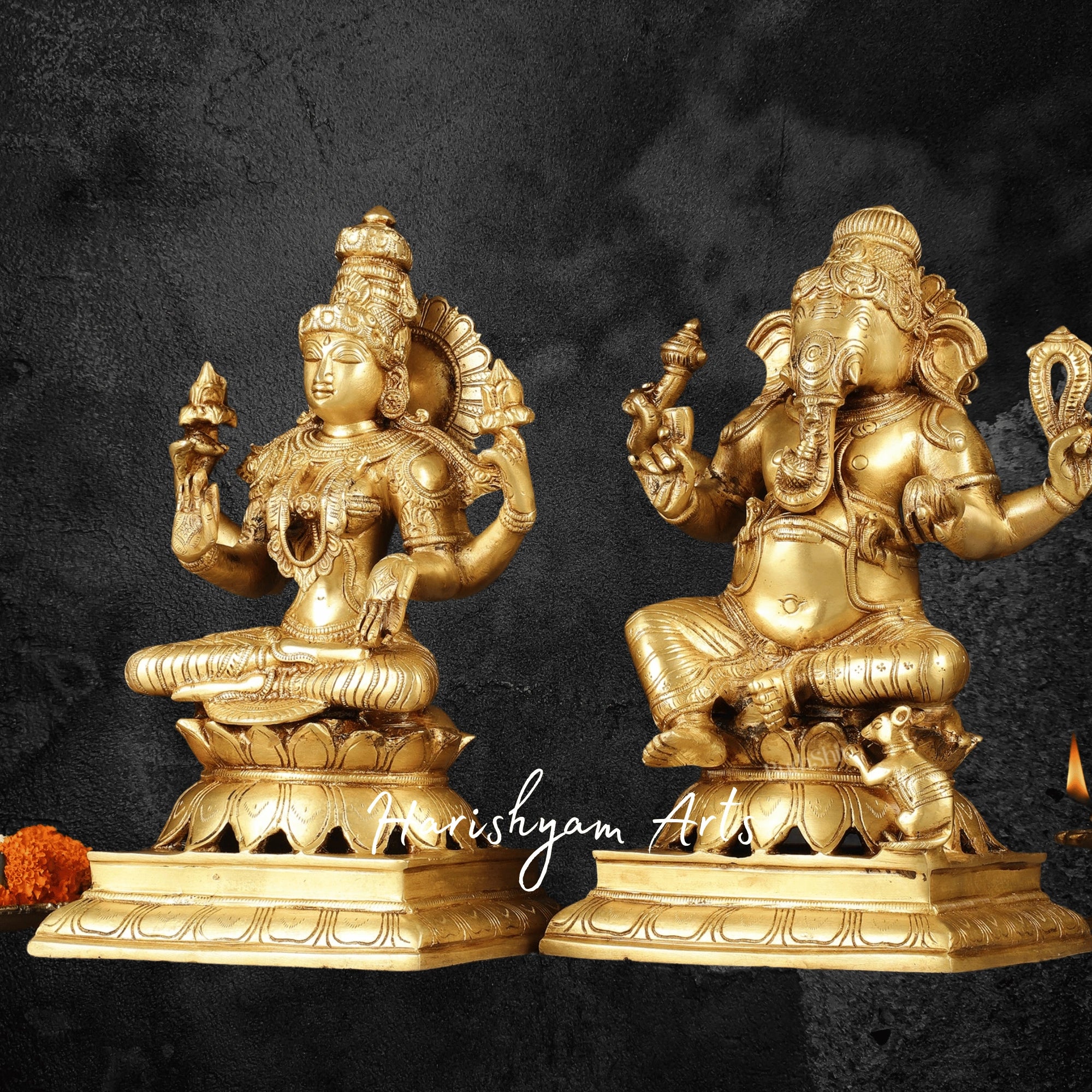 12" Designer Laxmi Ganesh Brass Idol with Fine Detailing1