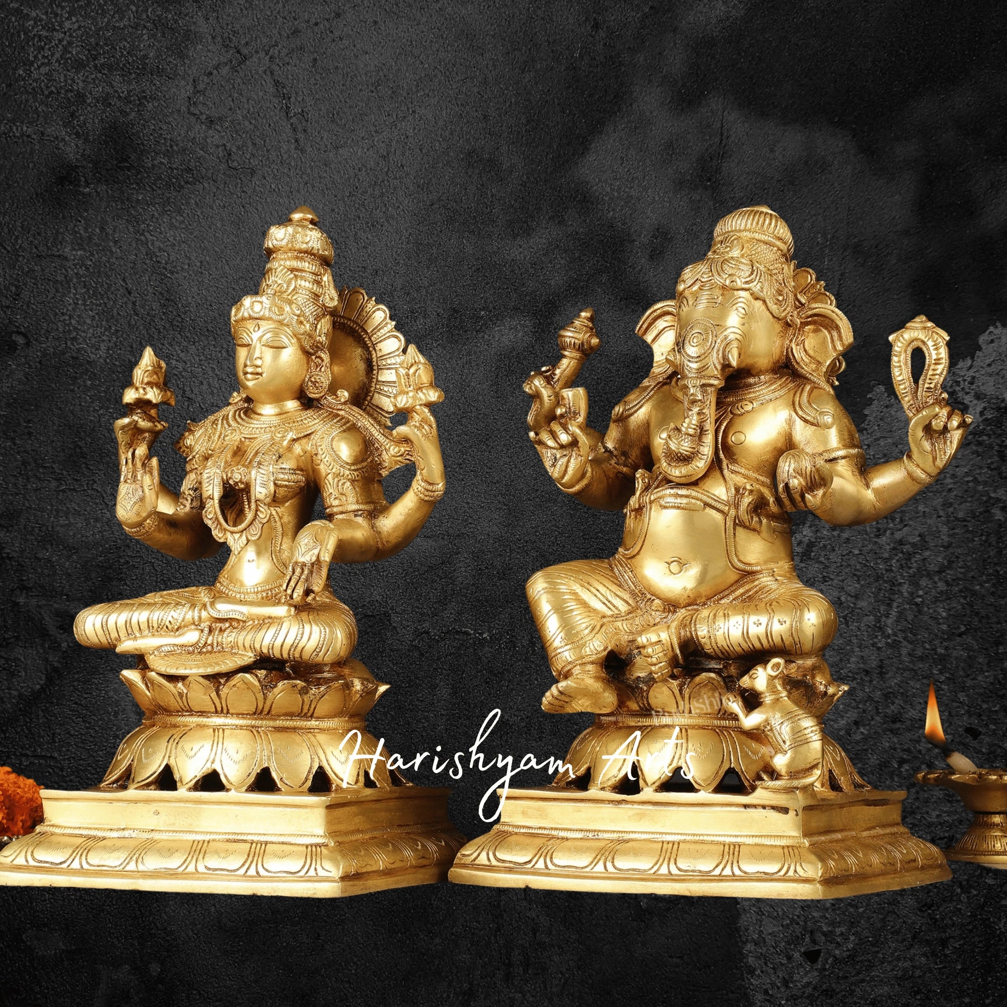 12" Designer Laxmi Ganesh Brass Idol with Fine Detailing2