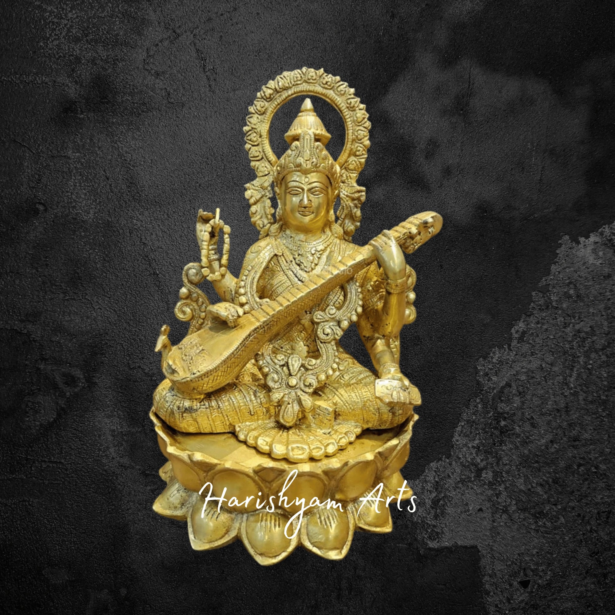 12" Divine Brass Saraswati Idol Sitting Gracefully on Lotus Base with Elegant Detailing