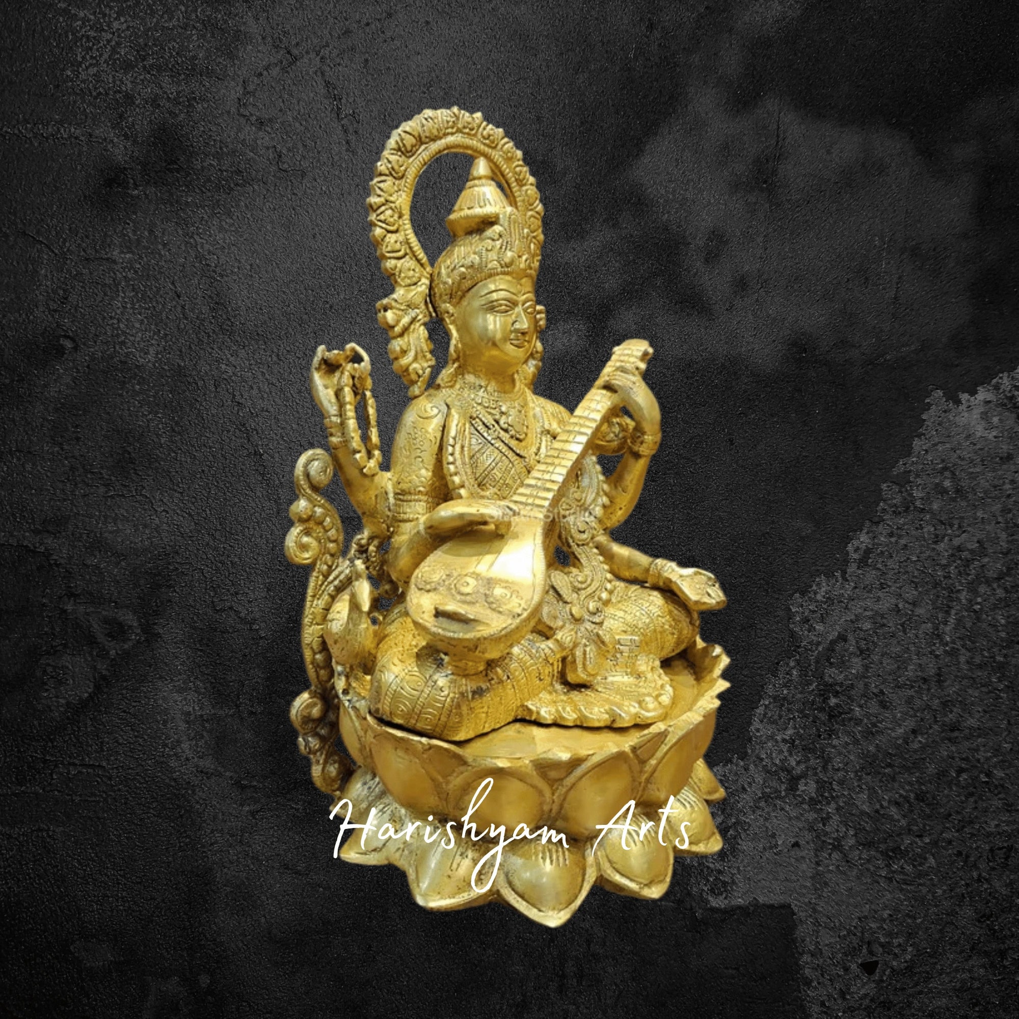 12" Divine Brass Saraswati Idol Sitting Gracefully on Lotus Base with Elegant Detailing