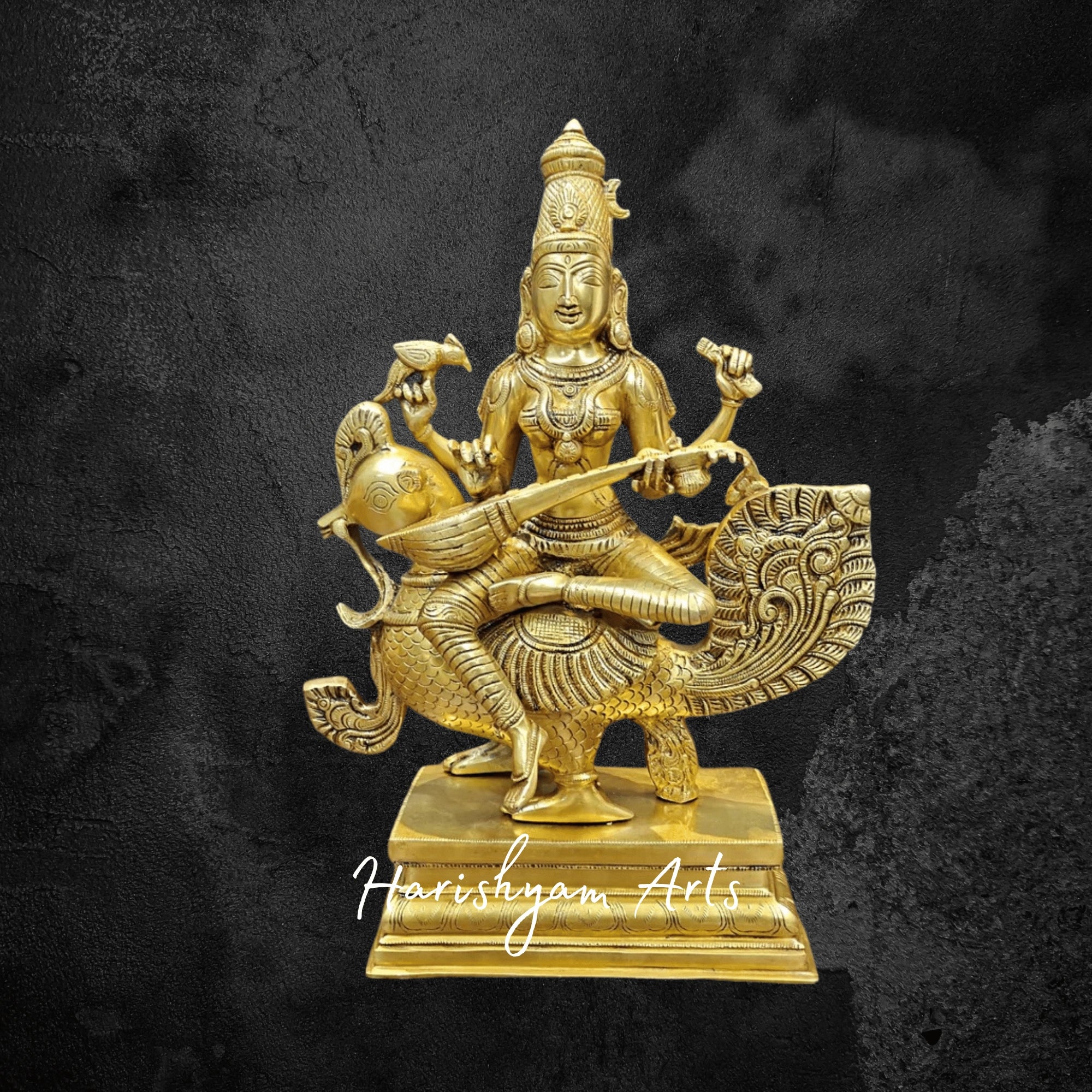 12" Divine Brass Saraswati Idol Sitting Gracefully on Lotus Base with Elegant Detailing