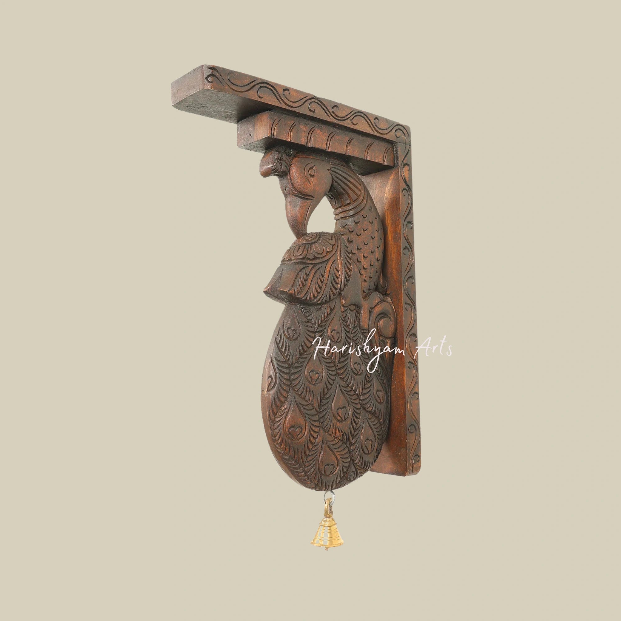 12" Exquisite Handcrafted Wooden Wall Bracket with Intricate Peacock Design2