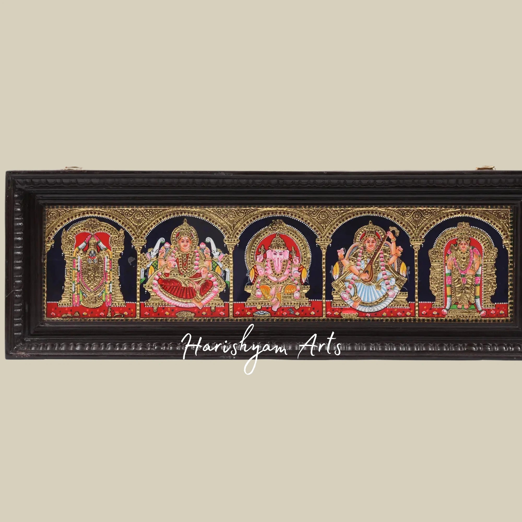 12" Ganesha with Lakshmi and Saraswati Tanjore Painting in Traditional Style