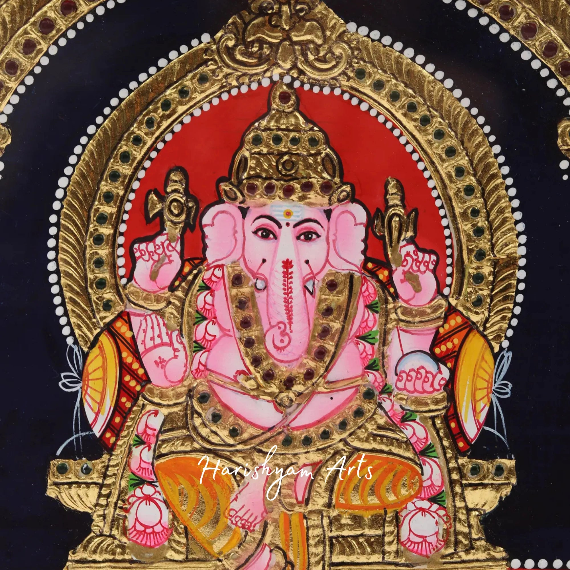 12" Ganesha with Lakshmi and Saraswati Tanjore Painting in Traditional Style2