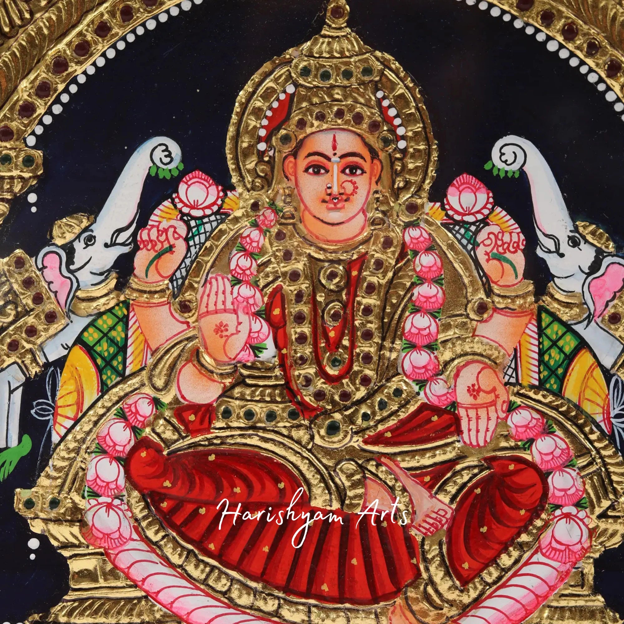 12" Ganesha with Lakshmi and Saraswati Tanjore Painting in Traditional Style3