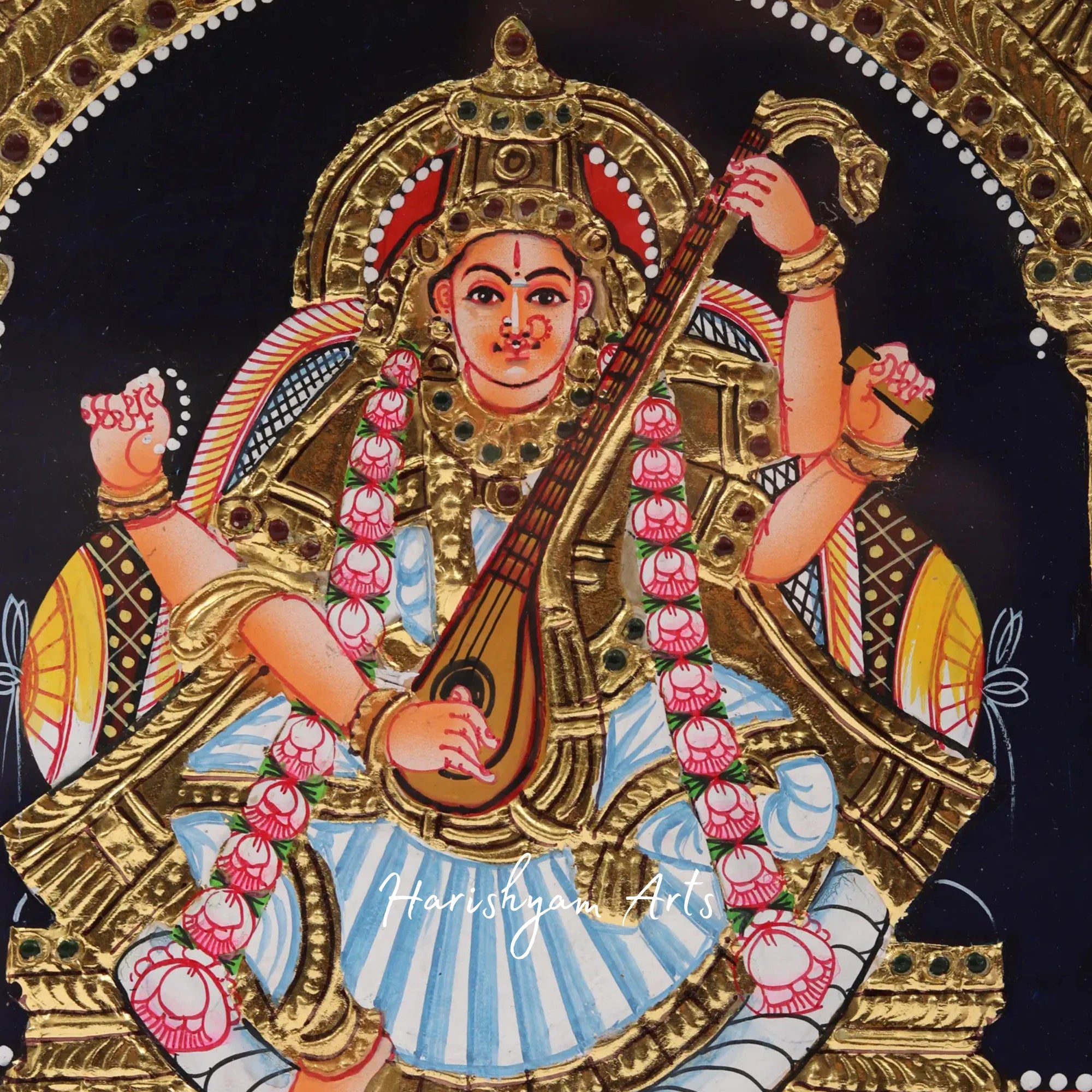 12" Ganesha with Lakshmi and Saraswati Tanjore Painting in Traditional Style4
