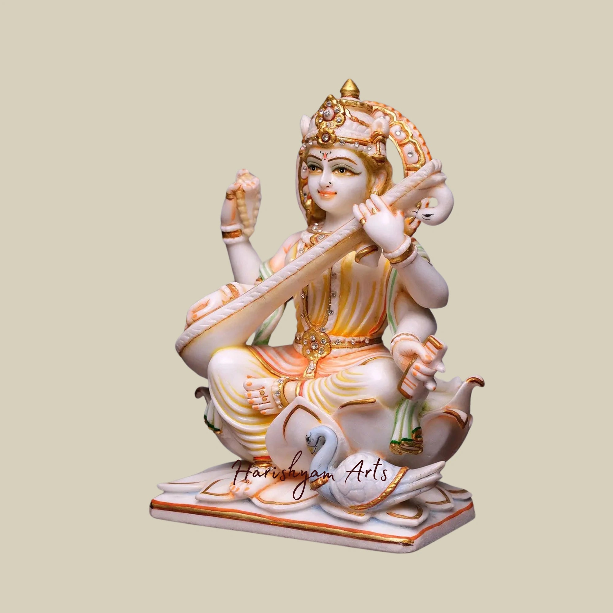 12" Handcrafted Devi Saraswati Marble Statue With Exquisite Detailing1